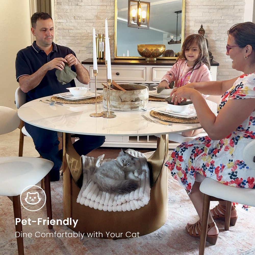 POVISON 59" Round Dining Table for 6 with Lazy Susan, Glossy White Sintered Stone Dining Tabletop with 31" Lazy Susan, Bronze Carbon Steel Pedestal, Modern Dining Table for Living Room (Table Only)