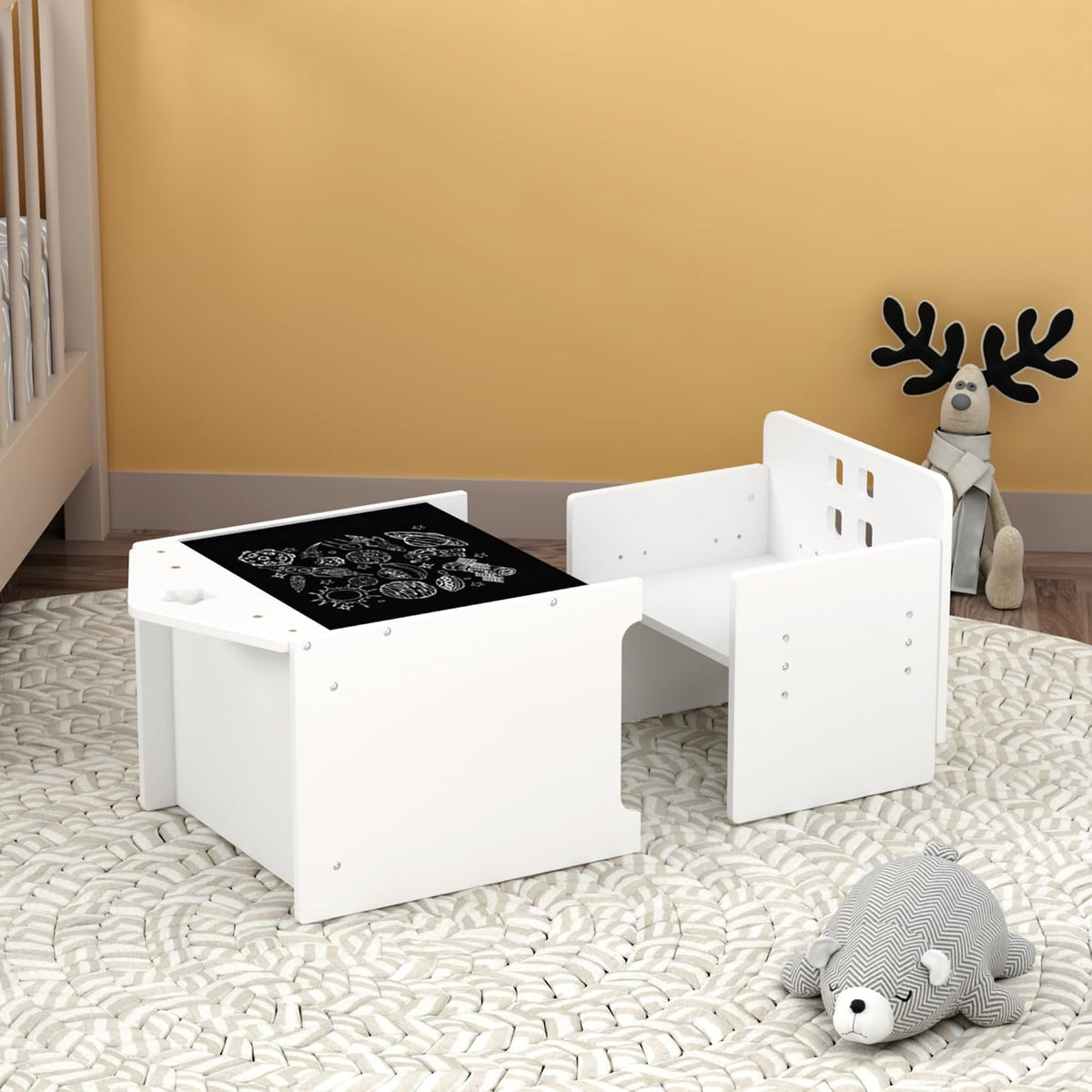 Kids Montessori Weaning Table and Chair Set, Wooden Toddler Activity Table with Blackboard & 3 Height Adjustable Chairs for Eating, Drawing, Reading, Ages 1-3