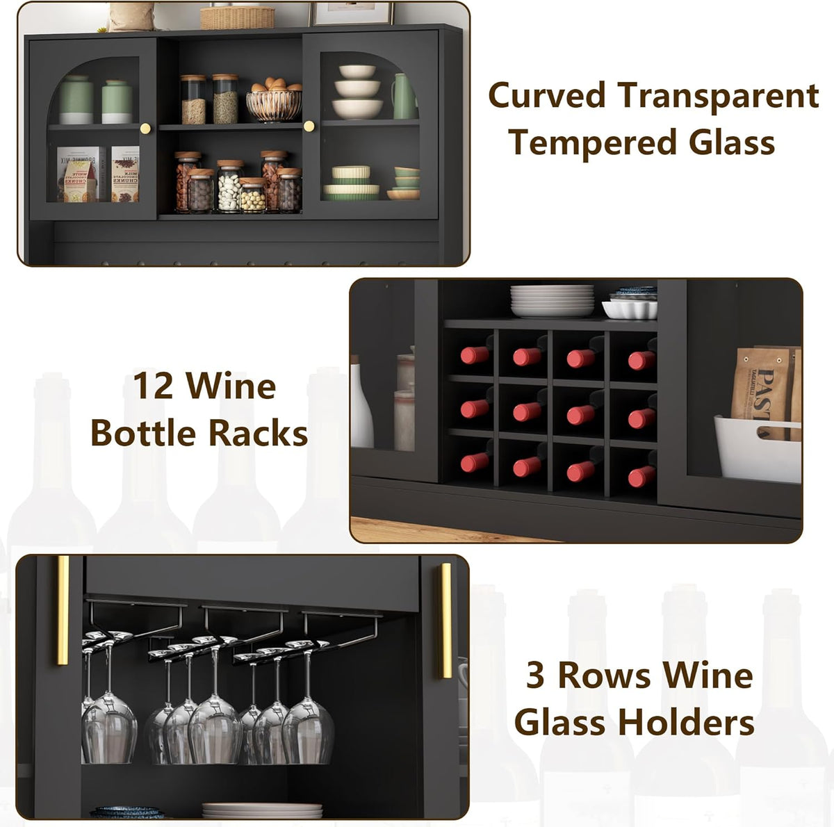 72'' Tall Kitchen Pantry Storage Cabinet with Led Light - Black Pantry Cabinet with Storage Drawers & Pegboard, Kitchen Hutches Cabinets with Wine Racks & Glass Door, Wine Bar Cabinet for Living Room