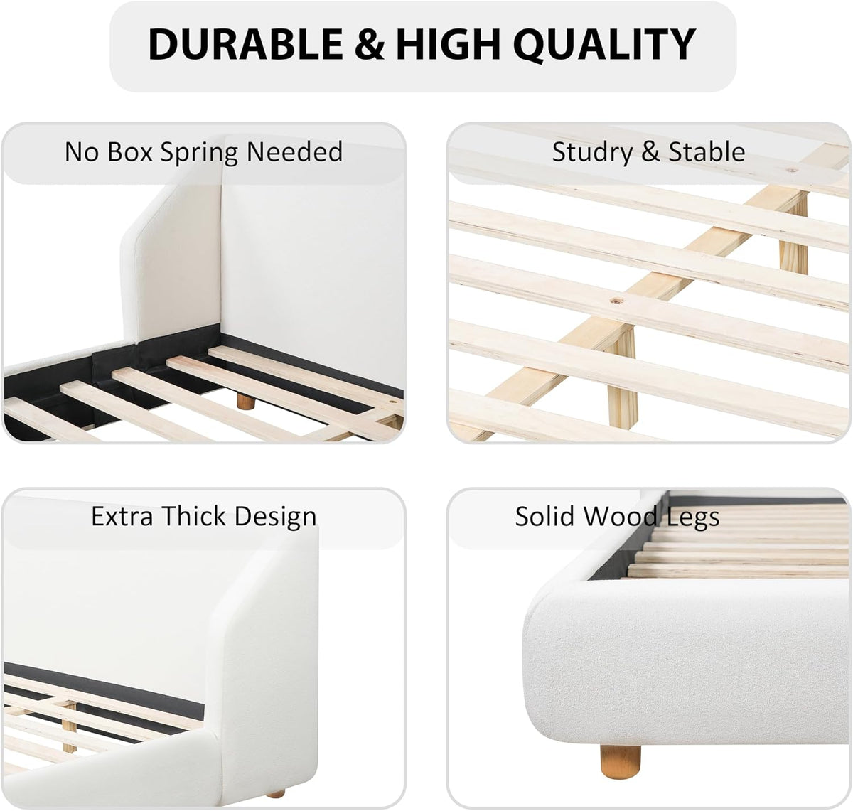 Christopher Knight Home Astry Boucle Upholstered Queen Size Bed Frame with Wingback Headboard, Modern Queen Bed Frame and Headboard, Wooden Slats Support, Easy Assembly, No Box Spring Needed, White