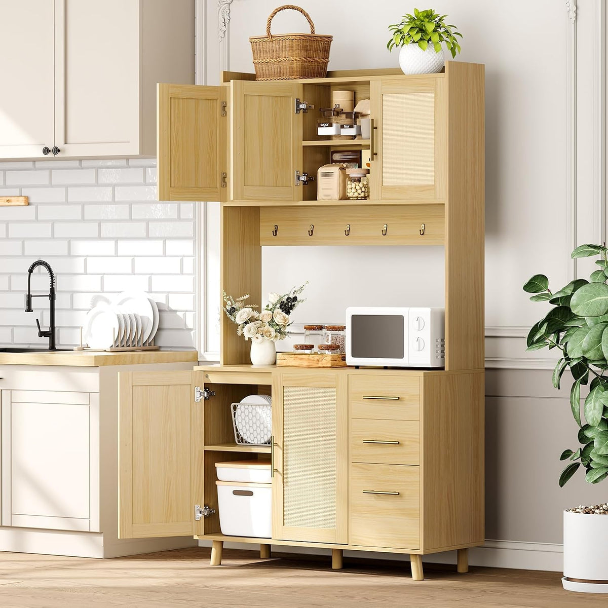 71" Tall Farmhouse Pantry Cabinet with Rattan Doors & Drawers, Freestanding Storage Hutch with Adjustable Shelves, 6 Hooks & Microwave Shelf for Kitchen, Dining or Living Room
