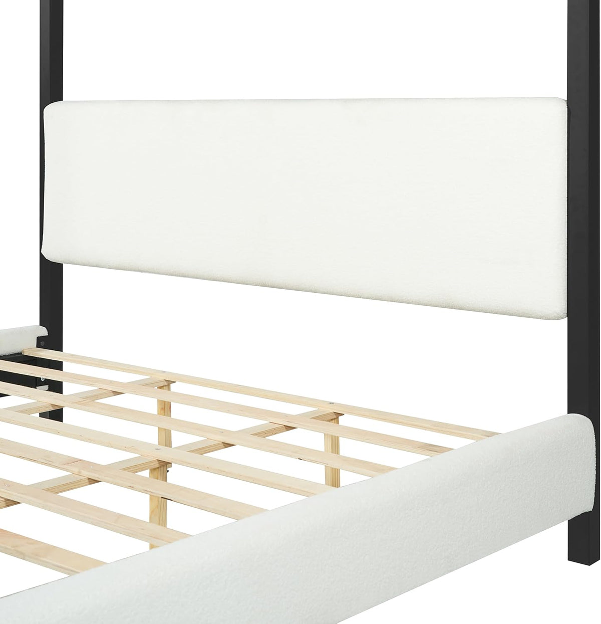 LUMISOL Queen Size Metal Canopy Bed with Upholstered Headboard, Modern Black Four Poster Bed Frame, Heavy Duty Canopy Platform Bedframe with Wood Slat Support & White Boucle Upholstery Fabric