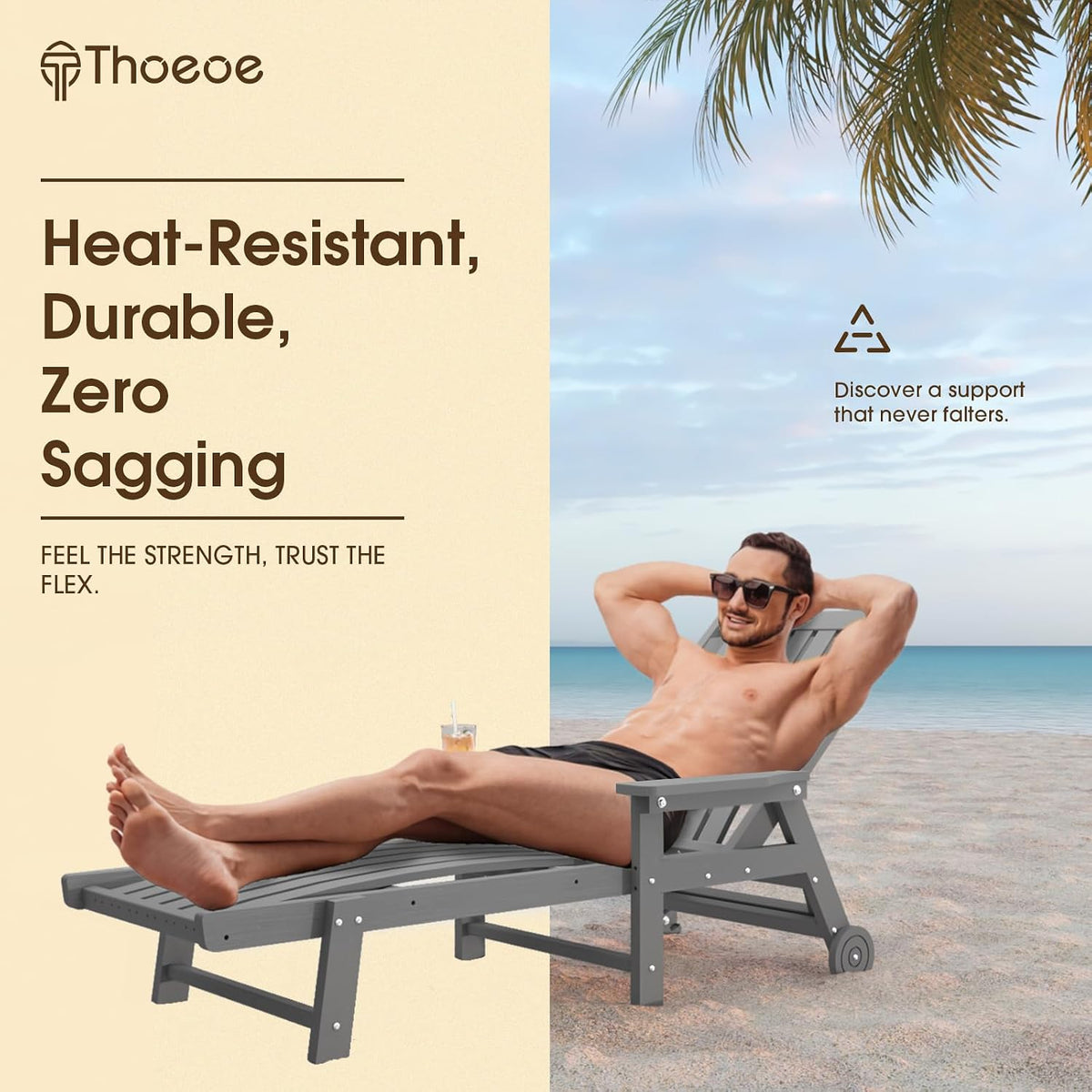 THOEOE Patio Chaise Lounge Chair,HDPE Lounge Chair Outdoor with Wheels | Oversized pool lounge chairs with cup holder, 5 adjustable position for patio,outside,pool,deck