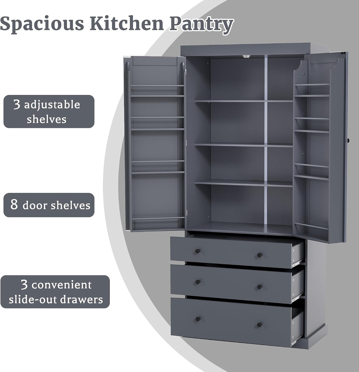 Kitchen Pantry Cabinet with Adjustable Shelves, 77 in | MDF, 4 doors, 8 door shelves, 3 adjustable shelves, slide-out compartments, kitchen pantry, 35 W x 17.7 D x 77 H in