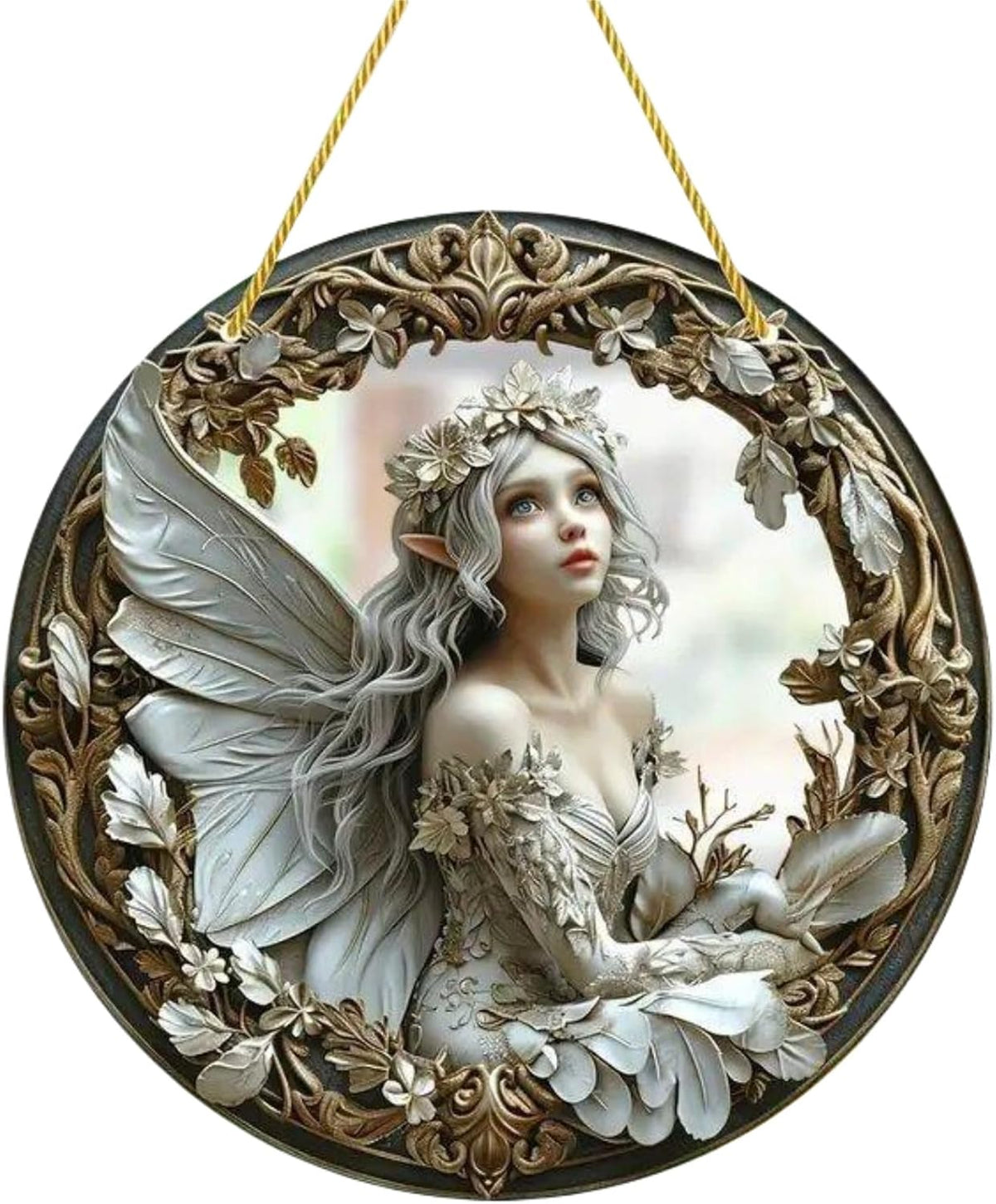 Flower Fairy Garden Decorations Angel Wing Christmas Halloween Deco Statue Art Elf Sculpture Hanging Craft for Outdoor Yard Courtyard Lawn Patio Window Acrylic Ornament Home Gift (D,S: 6*6 IN)