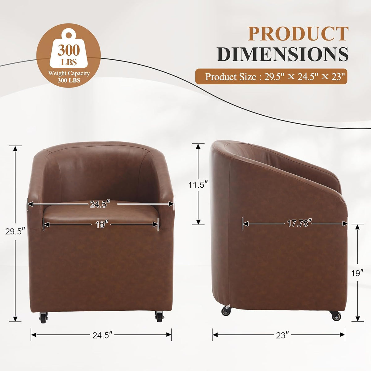 CIMOTA Brown PU Leather Barrel Dining Chairs with Wheels, Set of 1 — Modern Upholstered Swivel Dining Room Chairs on Casters for Kitchen, Living Room