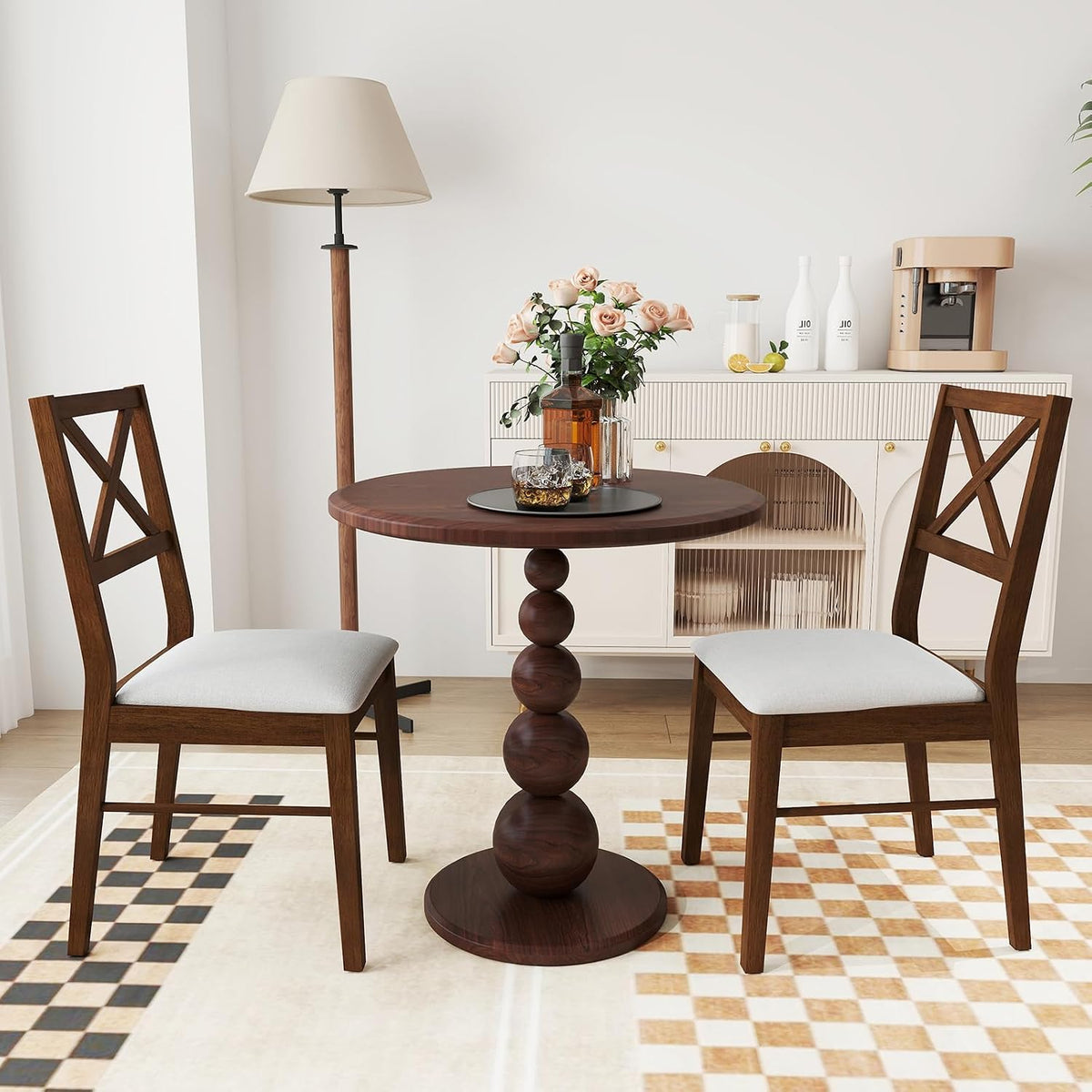 POWERSTONE Dining Chairs Set of 2, Wooden Kitchen Chairs with Soft Fabric Seat for Dining, Living Room, Restaurant - Mid Century Farmhouse Dining Chairs(Brown & White)