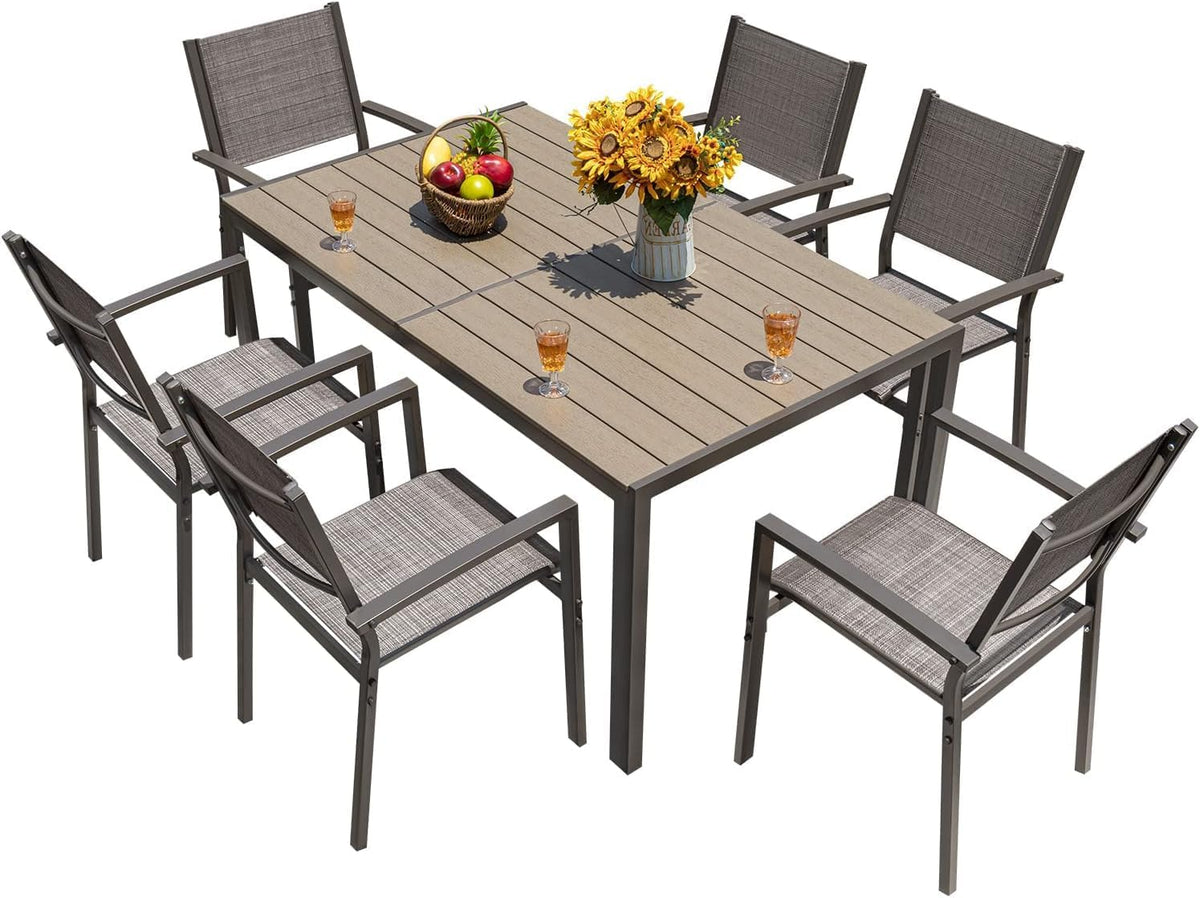 Homall Patio Dining Set 7 Pieces Outdoor Furniture with Large Table and 6 Textilene Chairs for Porch, Poolside, Yard and Garden, Light Grey