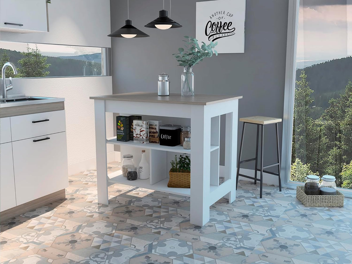 Kitchen Island with Three Shelves and Four Legs - Light Gray/White | Three shelves and four legs design for stable kitchen use