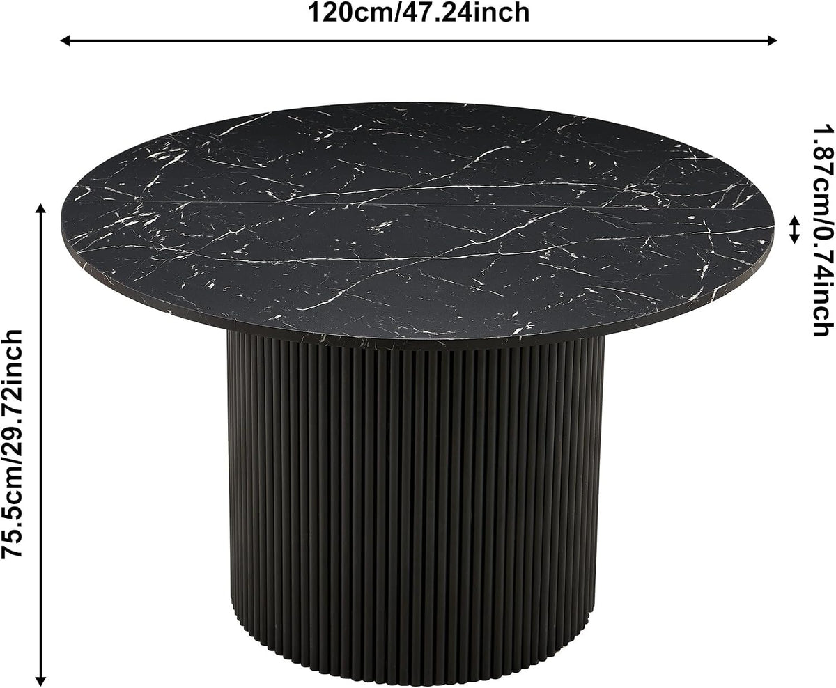 47" Round Dining Table for 4, Modern Farmhouse Marble-Look Foiled Top with MDF Striped Base, Kitchen & Dining Room Tables - Black