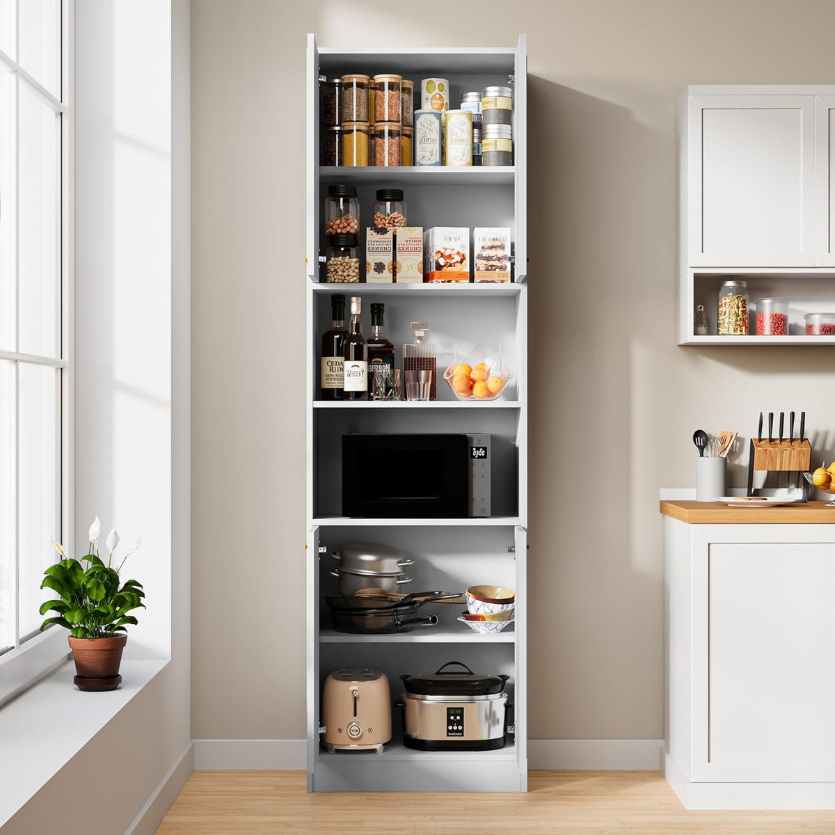 Cozy Castle Kitchen Pantry Cabinet, 75" Tall Wood Storage Cabinet with Doors and Shelves, 4 Doors Open Countertop Utility Hutch Cupboard for Dining Room Living Room Bathroom Furniture, White