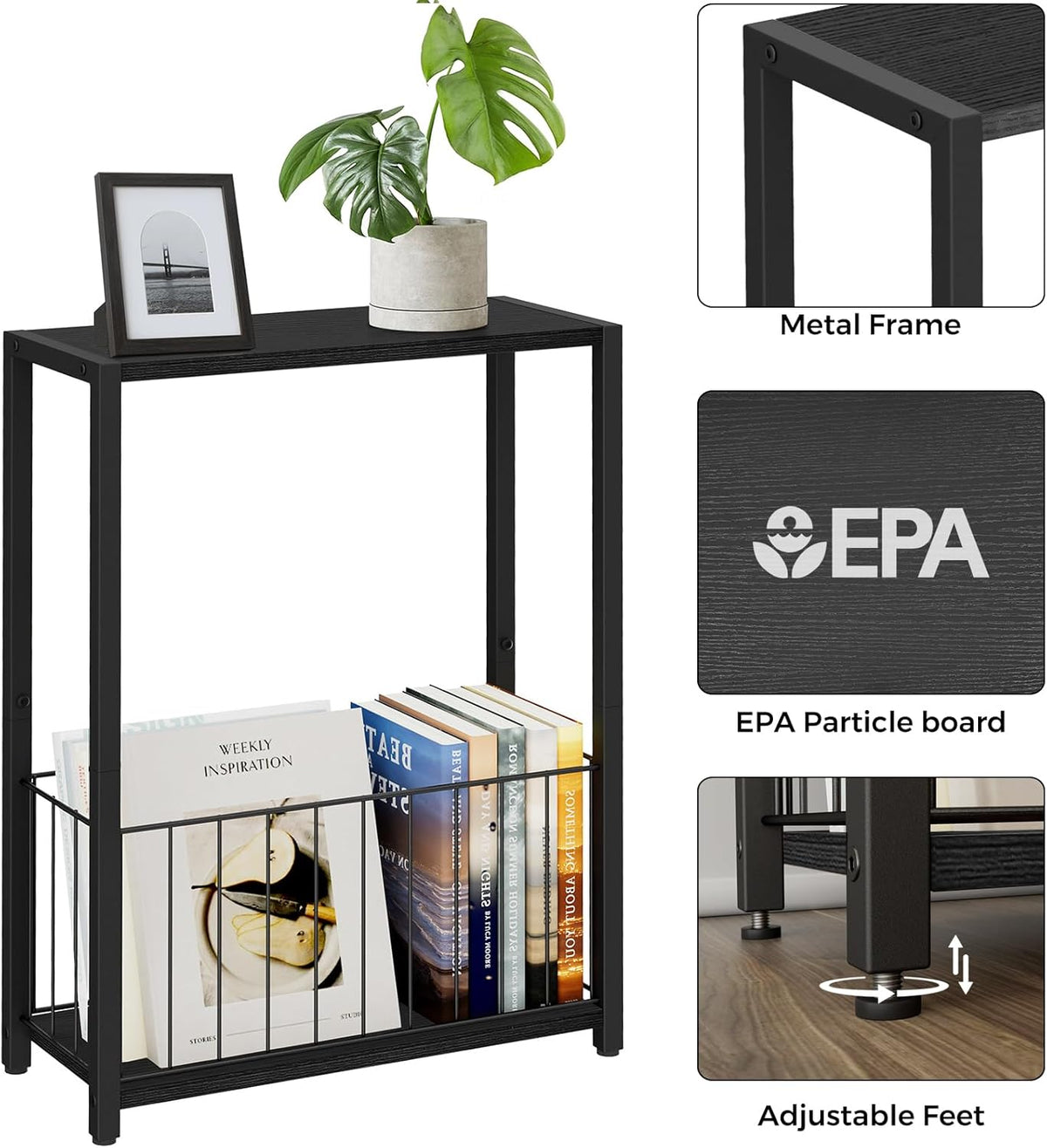 Homleke Narrow Side Table with Magazine Holder, Skinny End Table Perfect for Small Spaces, Space-Saving Design for Living Room, Bedroom, or Office, 7.1" D x 16.9" W x 23.6" H, Black