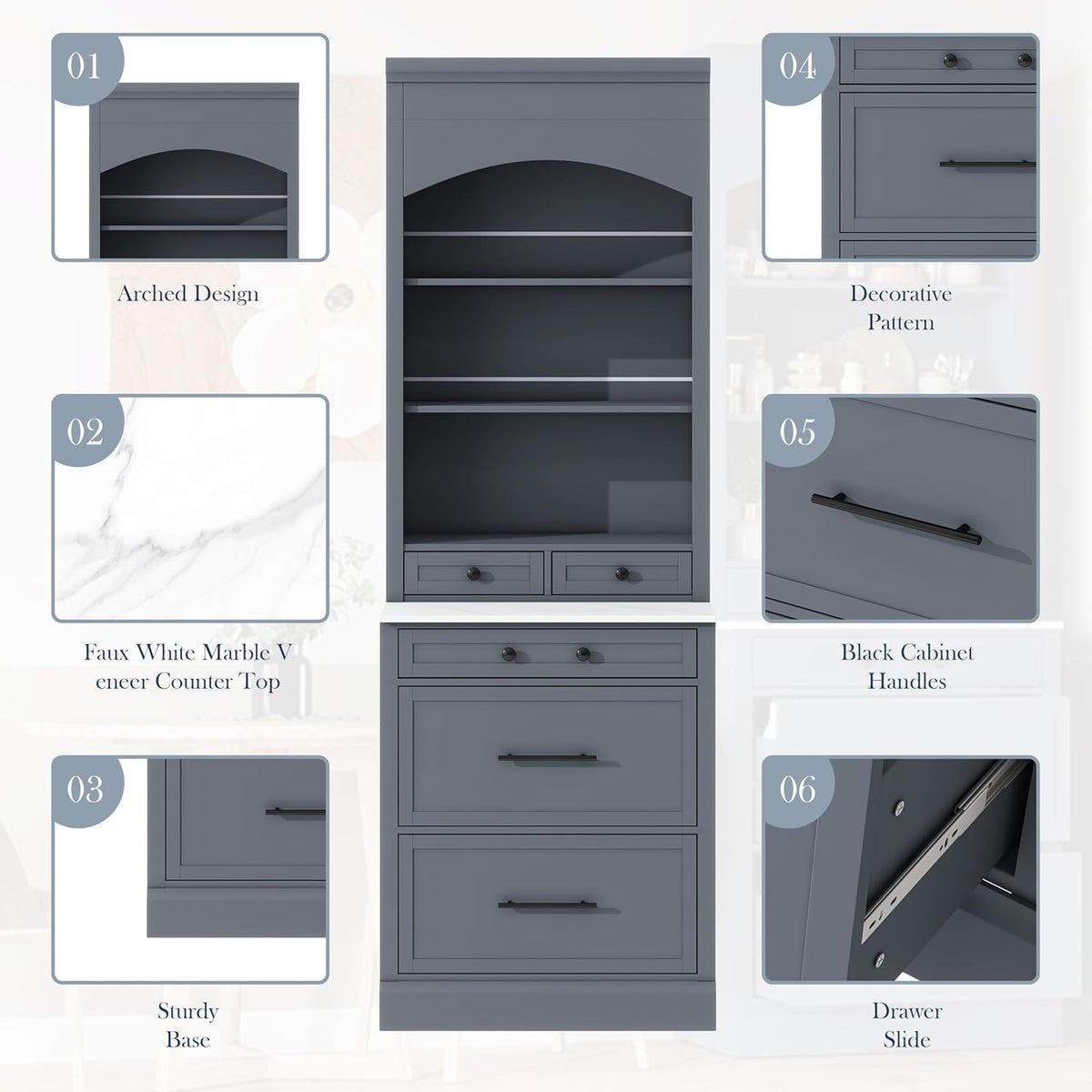 84 Inch Kitchen Pantry Cabinet with Faux Marble Top, Gray | Gray P2 MDF, kitchen or dining room, faux marble top, 5 pull-out compartments, adjustable shelf, anti-tip devices, 83.7 in H
