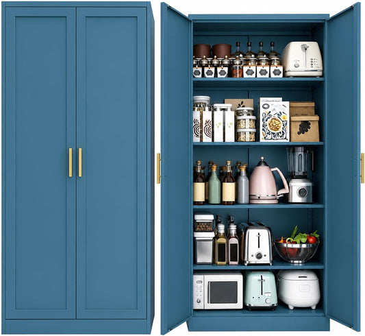 BESFUR 71" Tall Metal Storage Cabinet with 2 Doors and 4 Adjustable Shelves, Heavy Duty Kitchen Pantry Cabinet for Home Office, Kitchen, Garage and Dining Room, Blue,71”H x 27.5”W x 13.8”D