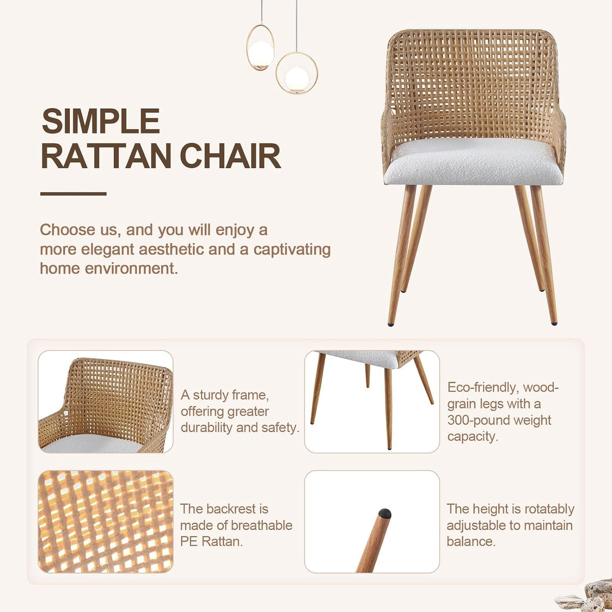 Rattan Dining Chairs Set of 2, Modern Upholstered Boucle Fabric Dining Chairs,Kitchen Room Chairs with Solid Metal Legs and Rattan Back,Brown