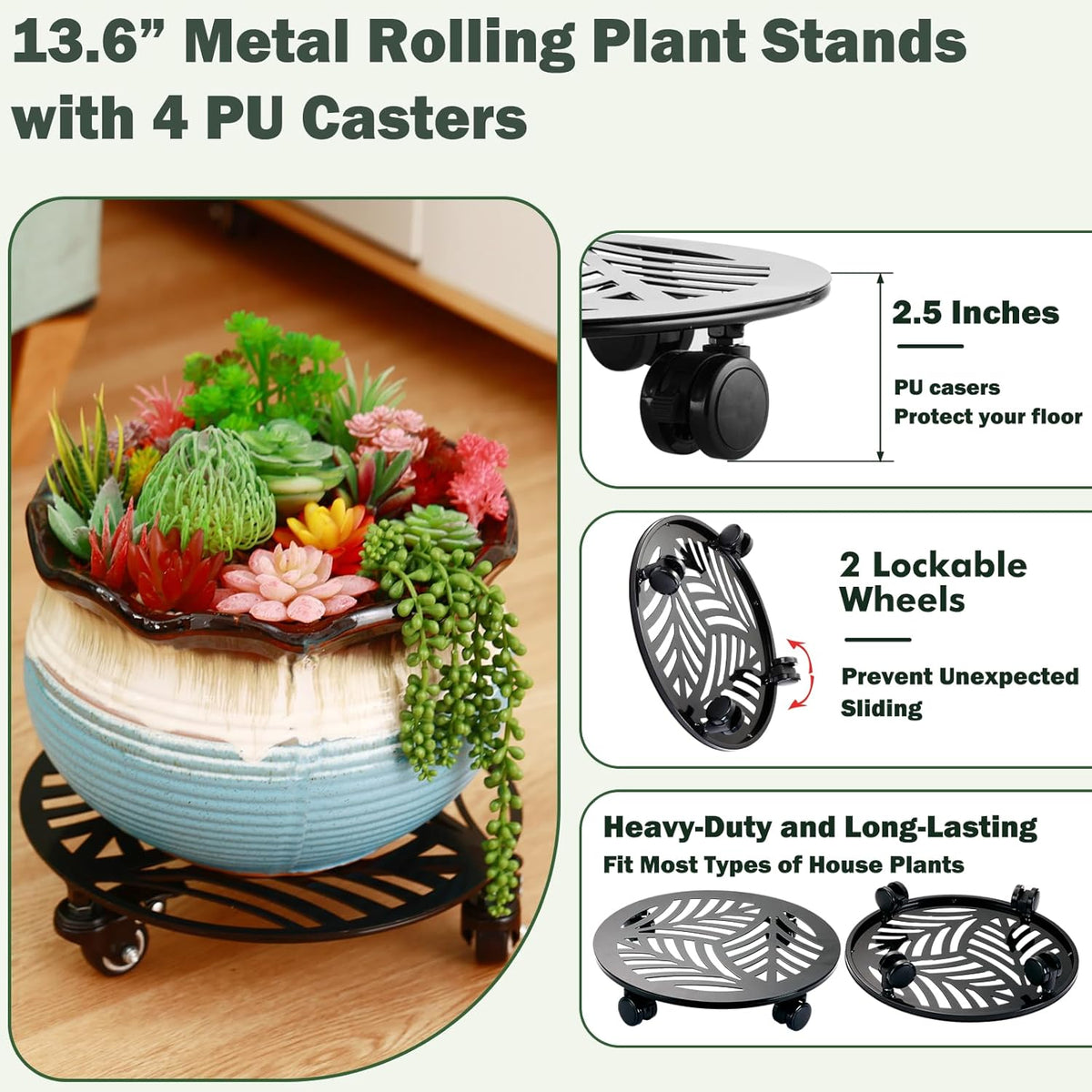 3 Packs Large Metal Plant Caddy with PU Wheels 13.6" Heavy-duty Wrought Iron Rolling Plant Stands Indoor Outdoor Wheeled Plant Dolly Planter Mover Rollers Plant, Leaf Style