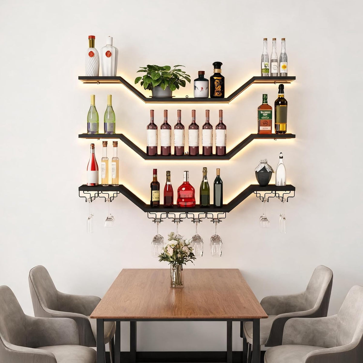 39.4in 3-Tier Floating Metal Wine Rack, Modern Wall Mounted Wine Shelf with LED Lights & Wine Glass Rack, Large Hanging Liquor Shelf Wall Mounted for Bar Home Dining Room Cafe Decorative, Black