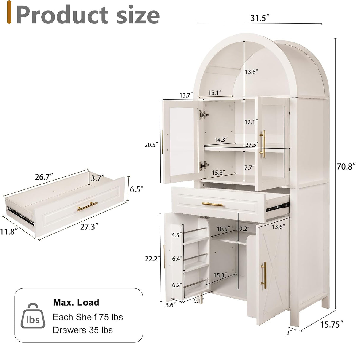 KEIKI 71" Tall Arched Kitchen Pantry Cabinet with Glass Door,Drawer,Farmhouse Storage with Adjustable Shelves Design for Kitchen,Living & Dining Room