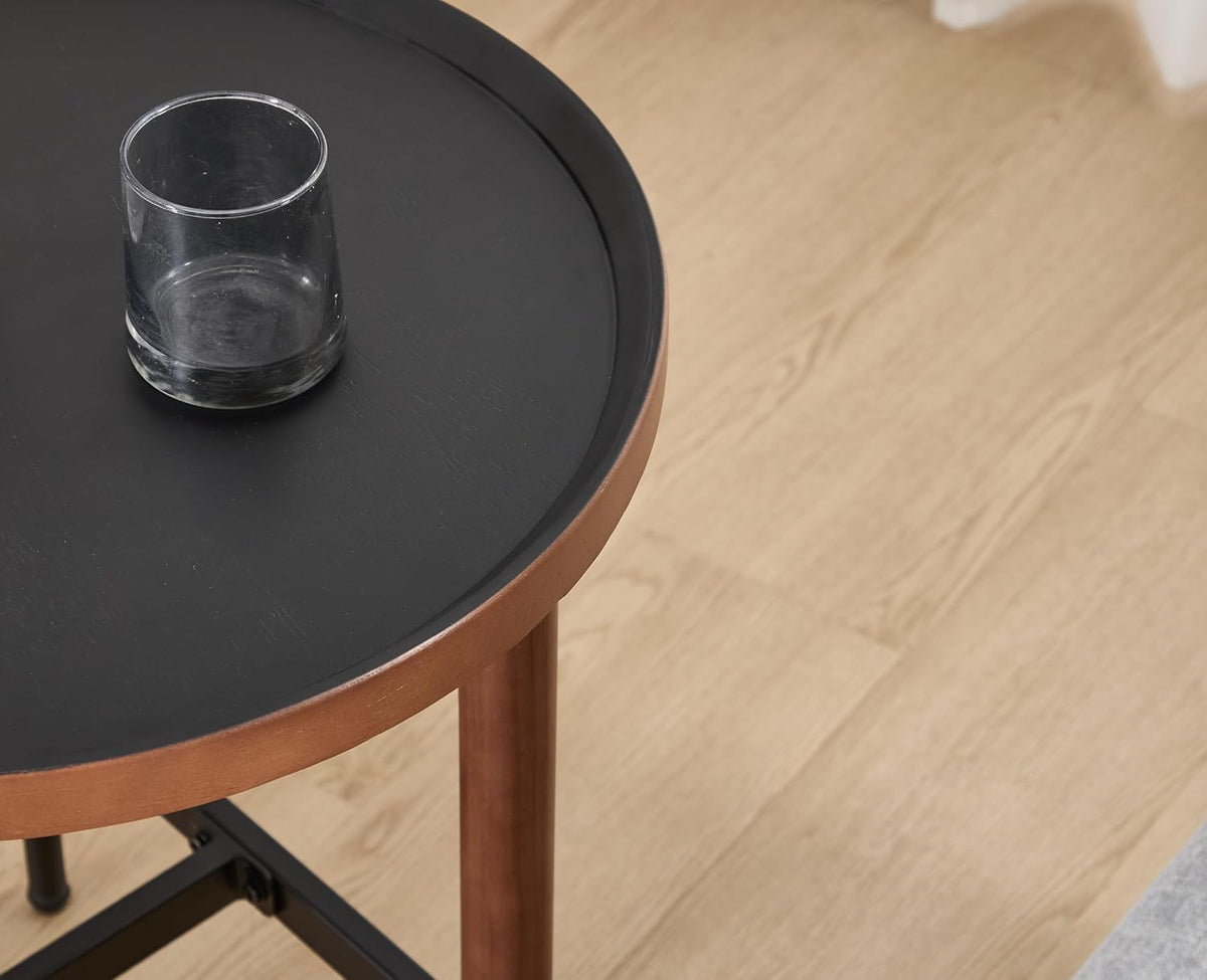 EALSON 19.5" Round Side Table Mid Cnetury Modern End Table for Couch Sofa with Black Metal Legs/Wood Top Vintage Accent Nightstand for Living Room Bedroom Small Spaces Office, Walnut