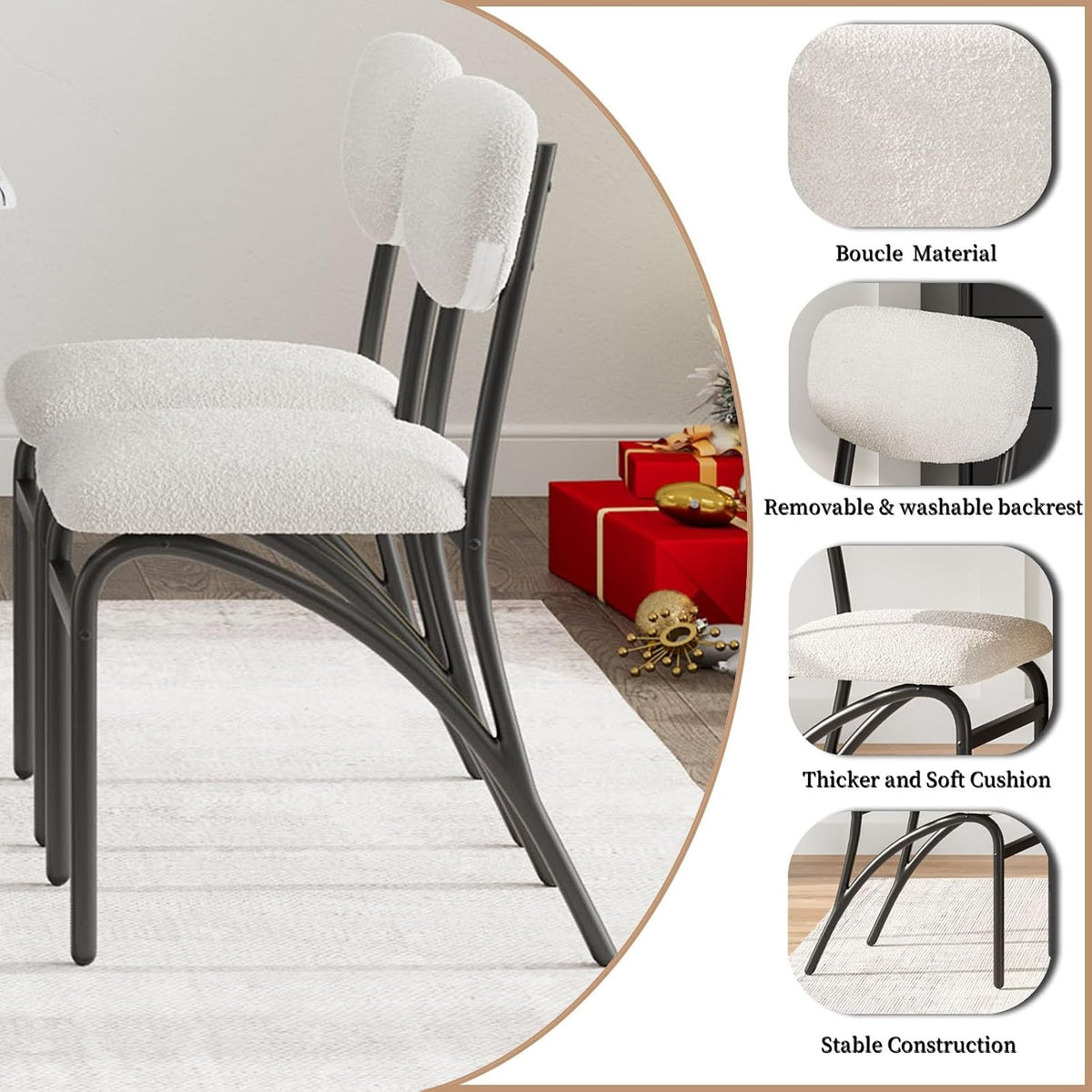 GarveeHome 5-Piece Dining Table Set for 4, Modern Kitchen Table with 4 Boucle Chairs, Rectangular Dining Table with Storage Shelf & Marble Tabletop, Home Dining Furniture for Small Space, Beige+Black