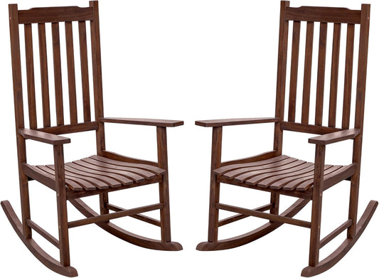 Flamaker Acacia Wood Outdoor Rocking Chairs Set of 2 (Brown) | High Back and Widen Armrest Rocking Chair Outdoor, Solid Rocking Chairs for Lawn, Garden, Backyard