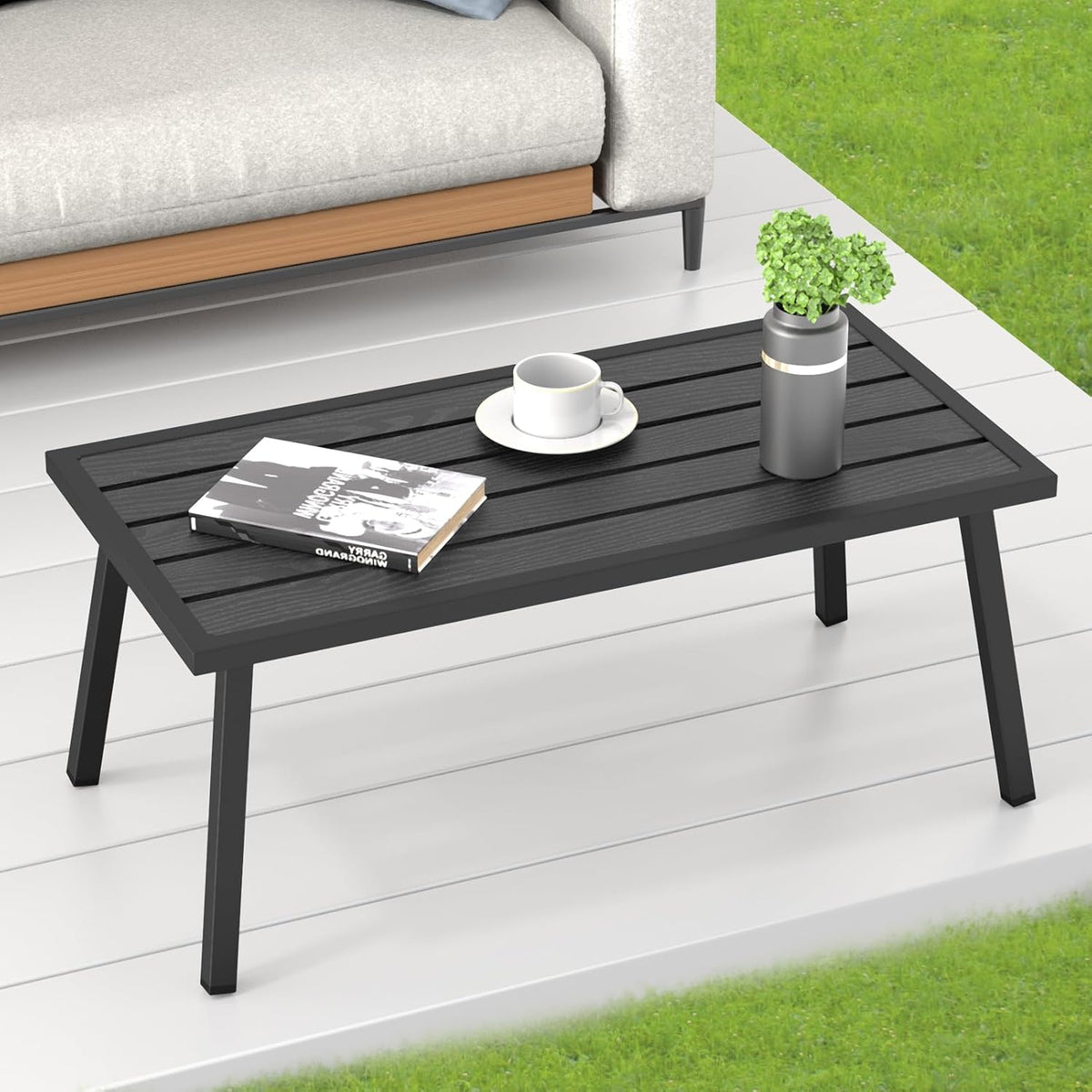 C-Hopetree Small Metal Outdoor Coffee Side Table for Outside Patio, Rectangle, Black