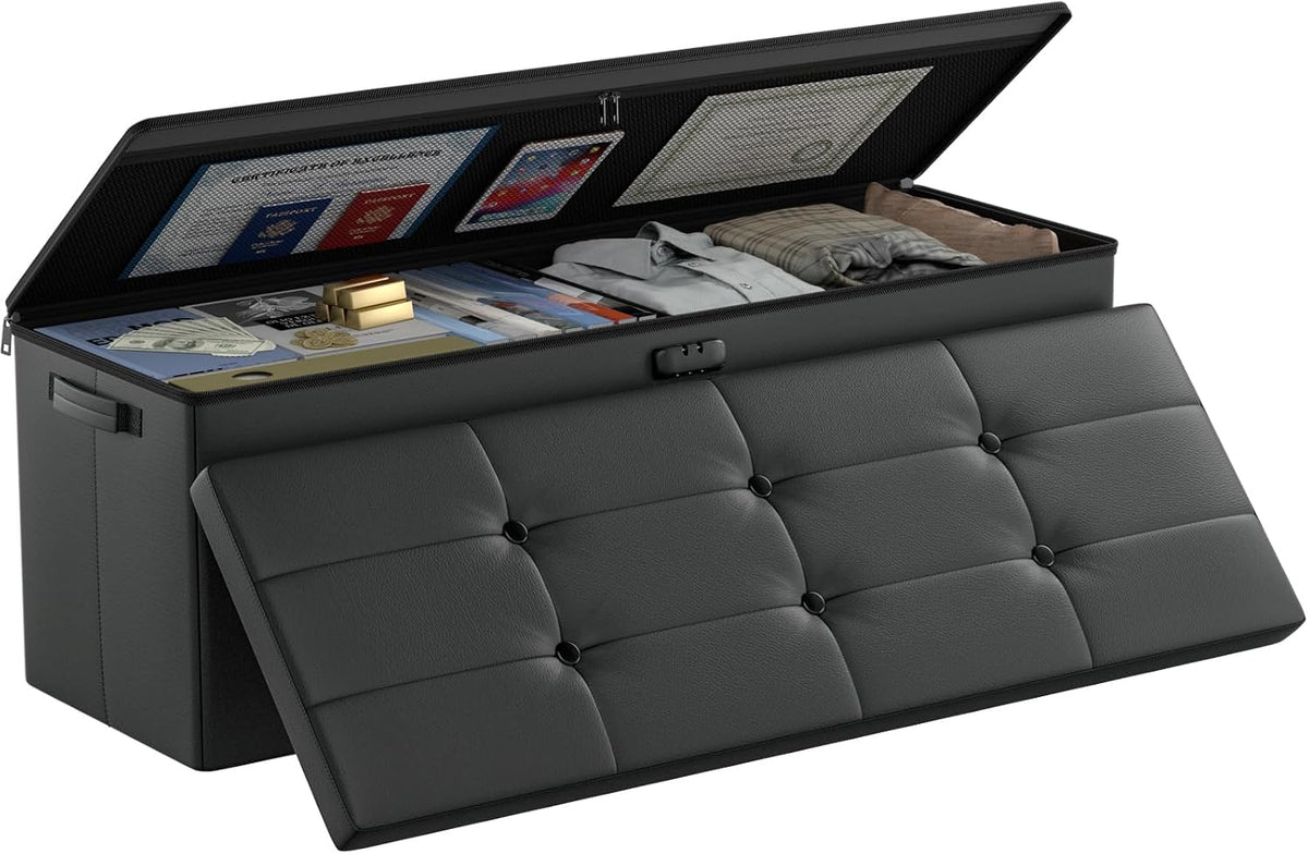 DocSafe Storage Ottoman Bench,Fireproof＆Waterproof Folding Bench with Lock(15”x 43”x15”),Leather Storage Chest with Handles＆2 Extra Boxes,Ottoman Safe for Bedroom,Living Room,Home Office,Black