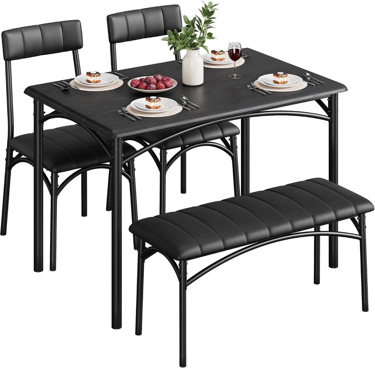 Dining Table Set for 4, Small Dining Table Set with Upholstered Bench and 2 Chairs, Kitchen Table and Chairs for 4, for Small Space, Apartment, Dinner, Rustic Black