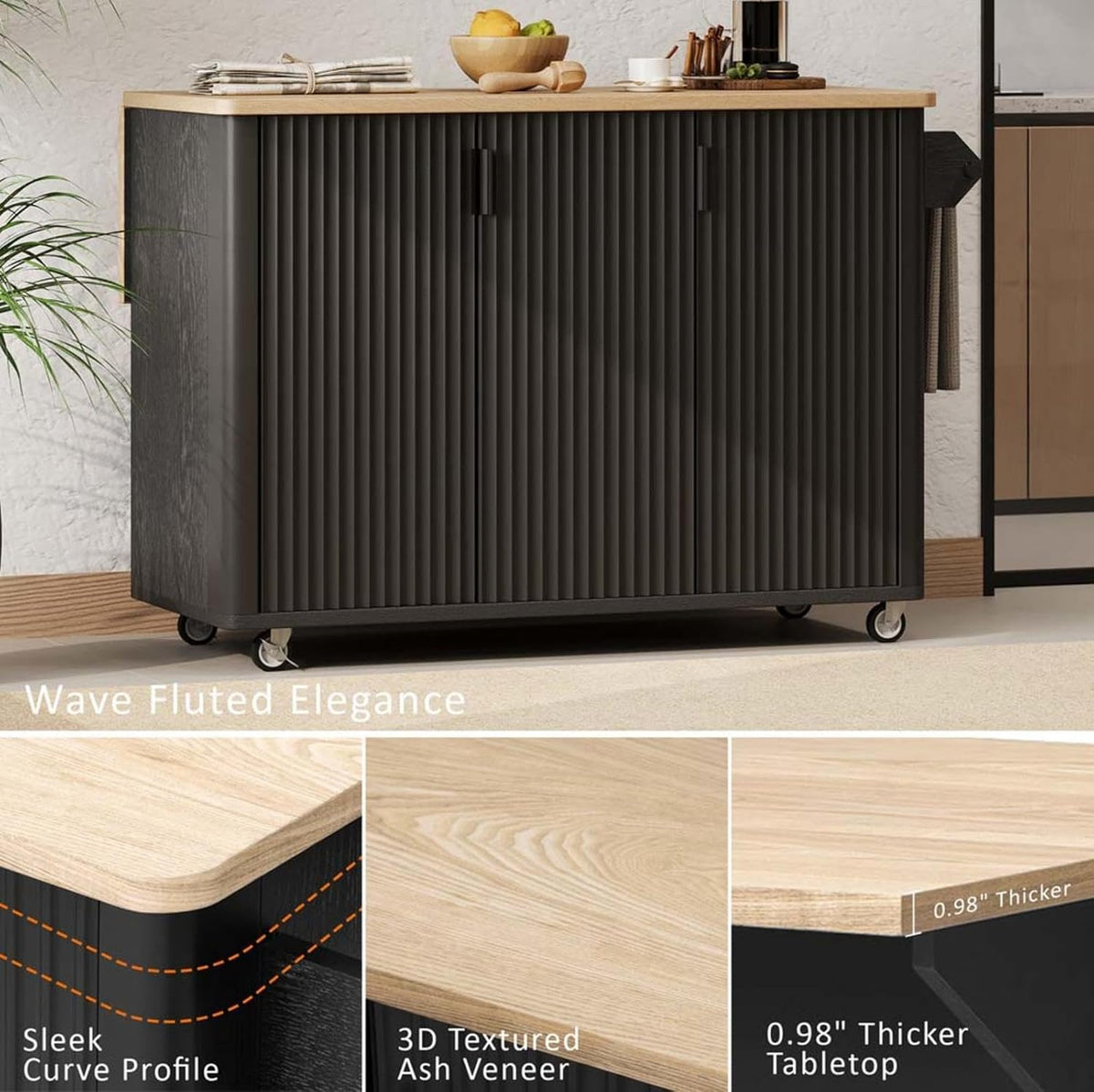 Kitchen Storage Islands and Carts with Drop Leaf Countertop Internal Storage Rack, Black Kitchen Island with Wheels Towel Rack， for Kitchen, Dining Room, Black