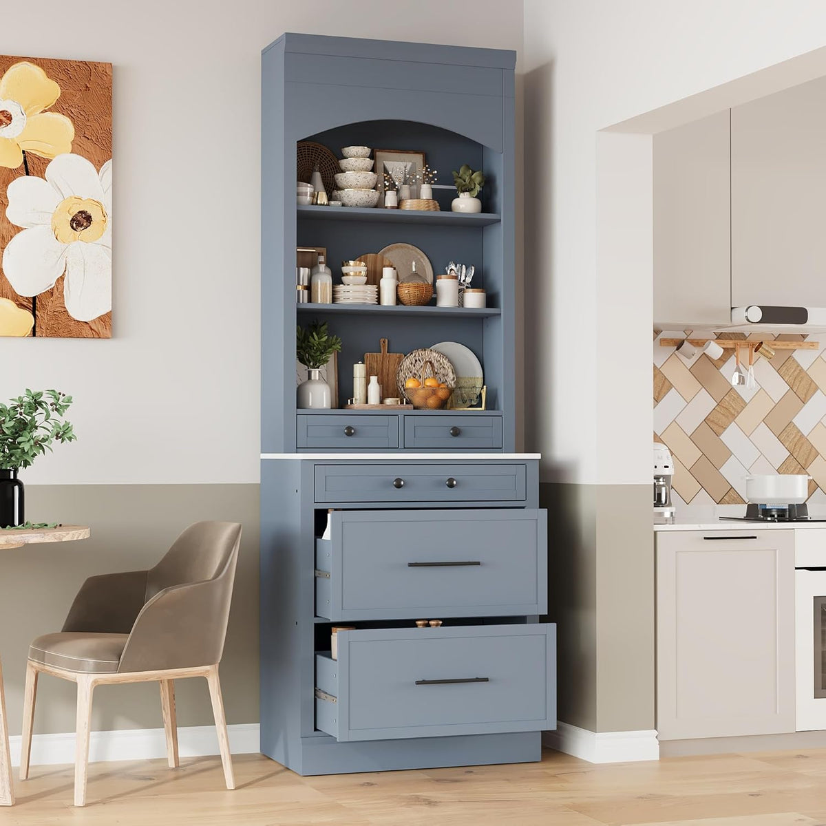 84 Inch Kitchen Pantry Cabinet with Faux Marble Top, Gray | Gray P2 MDF, kitchen or dining room, faux marble top, 5 pull-out compartments, adjustable shelf, anti-tip devices, 83.7 in H