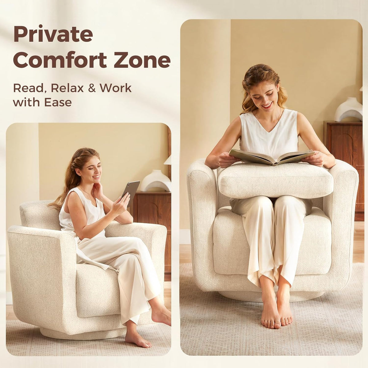 Swivel Accent Chair, 360° Chenille Barrel Armchair for Living Room, Linen