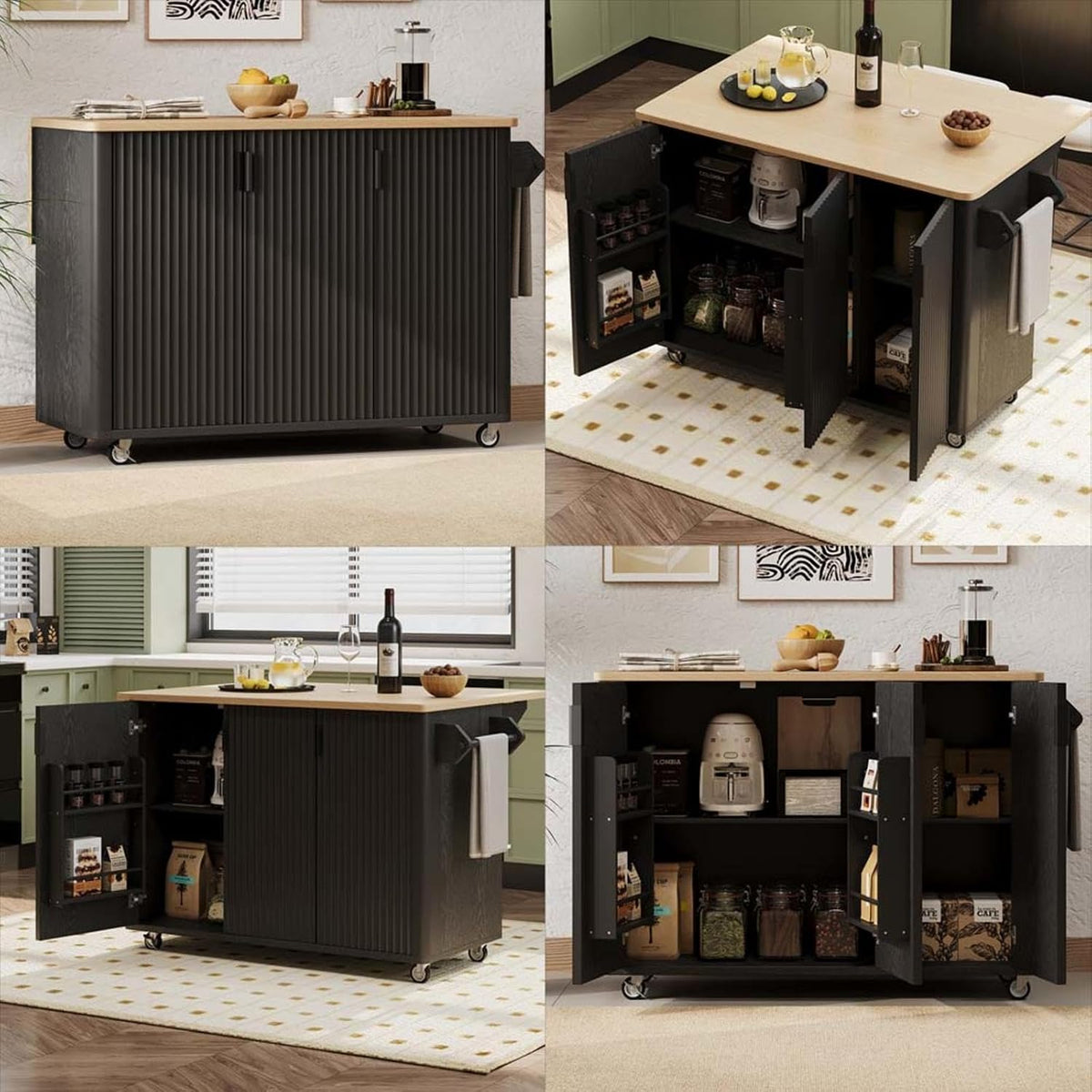 Narrow Kitchen Island with Drop Leaf Height-Adjustable Shelves, Island Table for Kitchen with Wheels Towel Rack， for Kitchen, Dining Room, Black