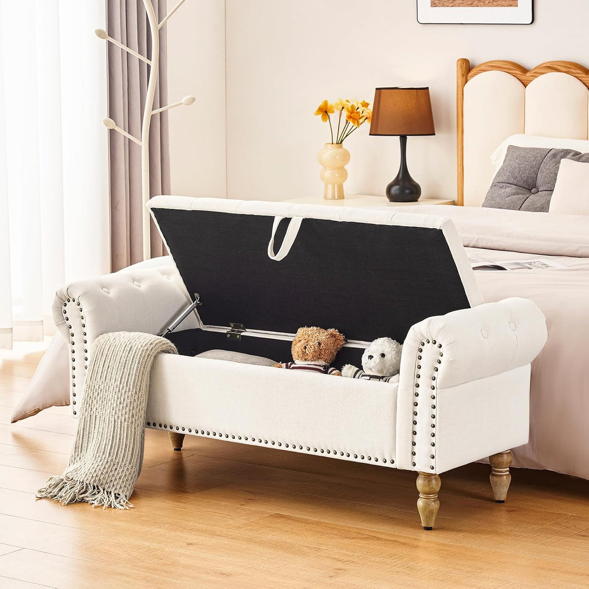 Furnimart Storage Bedroom Bench for End of Bed, Faux Linen Upholstered Storage Ottoman with Rolled Arms for Bedroom,Living Room, Entryway, 2.5Cubic Feet