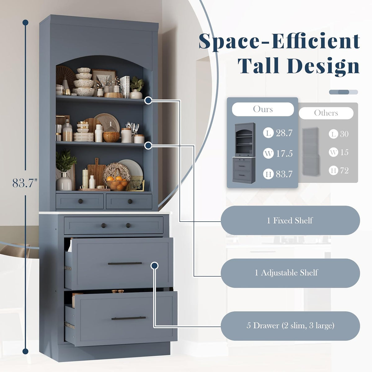 84 Inch Kitchen Pantry Cabinet with Faux Marble Top, Gray | Gray P2 MDF, kitchen or dining room, faux marble top, 5 pull-out compartments, adjustable shelf, anti-tip devices, 83.7 in H