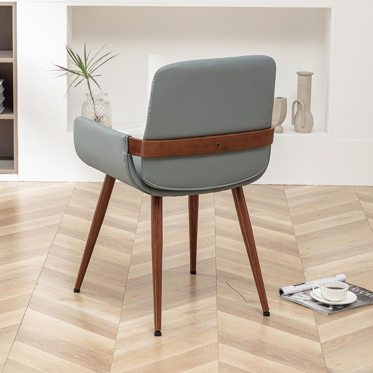 LUNLING Mid Century Modern Faux Leather Dining Room Chairs Set of 4,Upholstered Seat Metal Legs Chairs Blue Faux Leather Kitchen Chair Reception Room Chair,4PCS