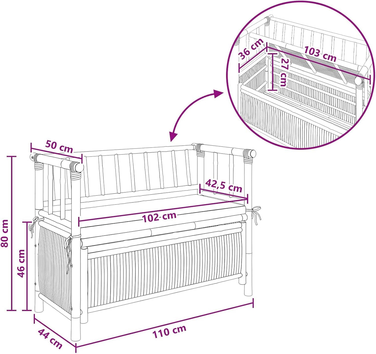Bamboo Garden Storage Bench 110 x 47 x 80 cm, Outdoor Patio Seat with Hidden Compartment, Natural Finish Post Leg Design for Indoor or Outdoor Use