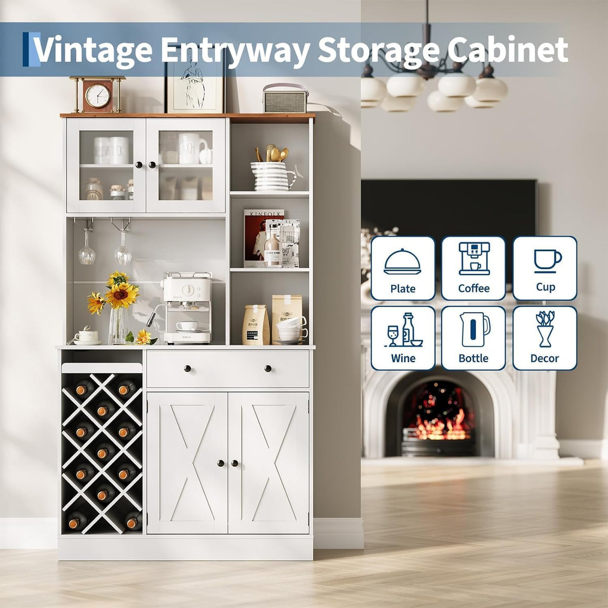 MDF Tall Wine Cabinet with Acrylic Double Doors, 45 Inch Bar Cabinet for Liquor Glasses Storage, Free Standing Home Bar with Display Shelf for Living Room Dining Room Kitchen