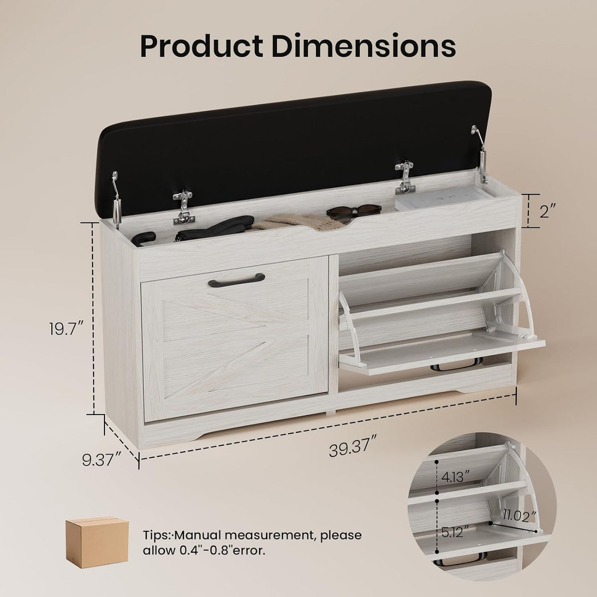 39" Shoe Storage Bench with Seat Cushion, Wood, Ash White | 8-Pair Shoe Capacity, 2 Doors, Comfortable Seating, Space-saving, Narrow Entryway Bench Ideal for Foyer, 330 lb Capacity