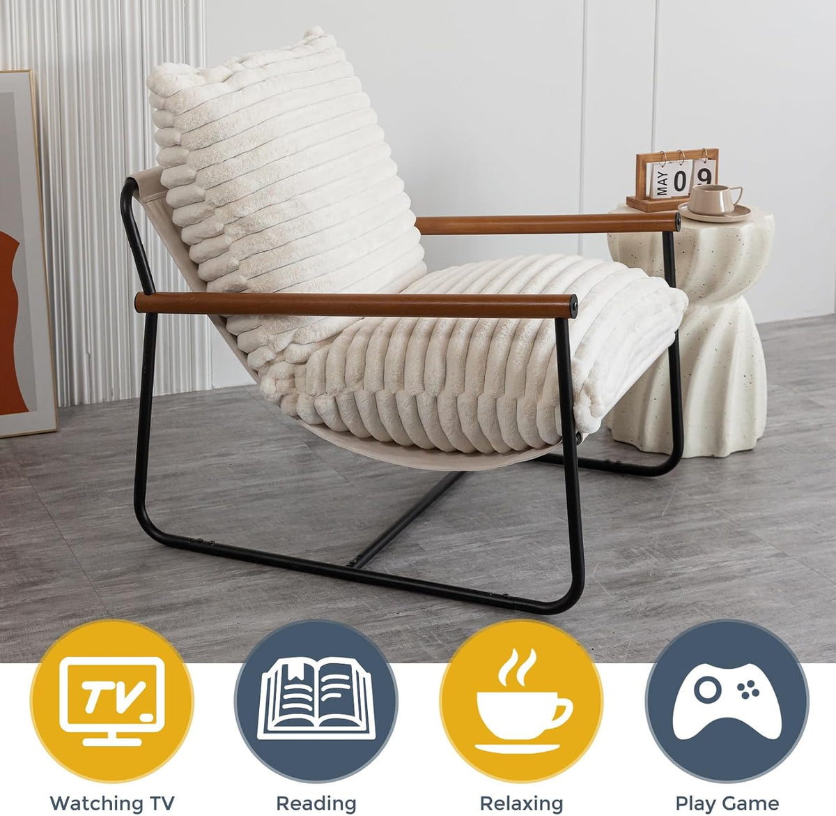MAXYOYO Accent Chair, Sherpa Arm Chair for Living Room, Mid Century Modern Accent Chairs, Boucle Reading Bedroom Chair, Teddy Armchair, Wooden Arms Metal Frame
