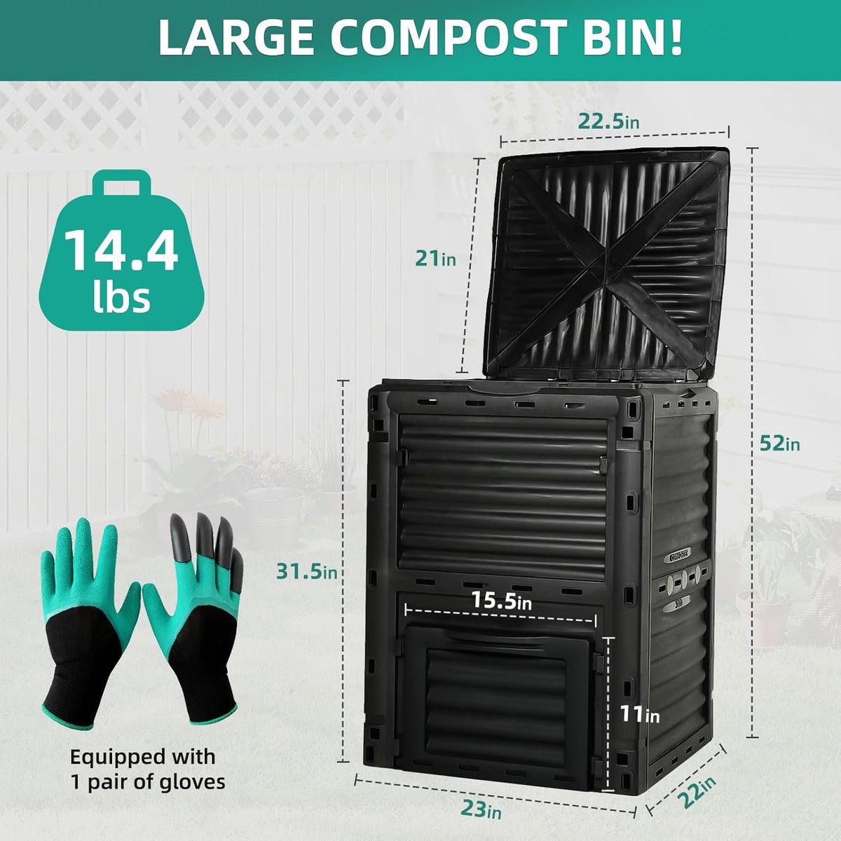 Compost Bin Outdoor 80 Gallon (300L) Large Compost Bin Composter with w/Top Flip Latch-on Lid BPA-Free Composter Barrel for Garden, Kitchen, and Yard Waste, Black, Easy Assembly
