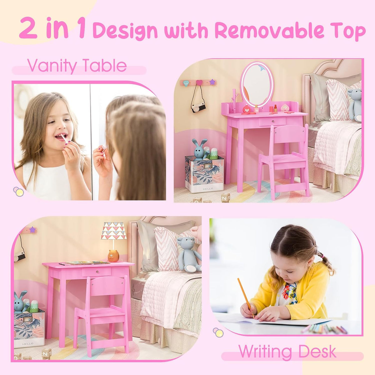 Costzon Kids Vanity, Girls Vanity Set with Mirror and Stool and Lights, Drawer, Jewelry Rack, 2 in 1 Wooden Princess Makeup Desk Dressing Table, Kids Vanity Table and Chair Set (Pink)