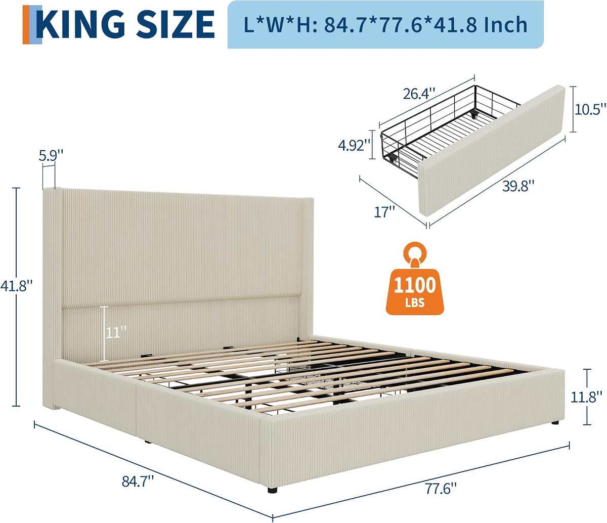 King Bed Frame with 4 Storage Drawers, Corduroy Upholstered Platform Bed