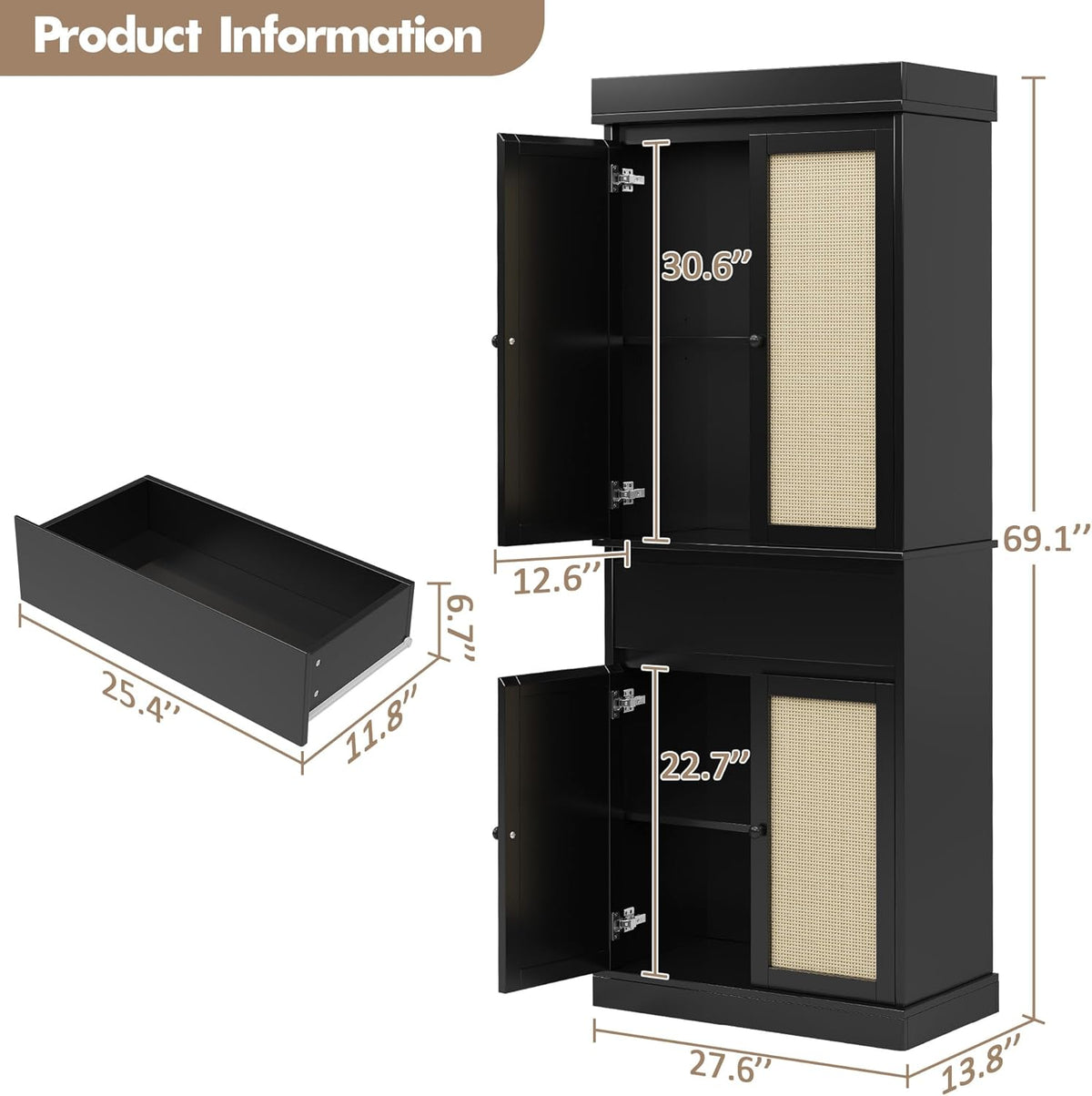69 Inch Tall Pantry Cabinet , Slim Wood Storage Cupboard with Adjustable Shelves, Rattan Doors and Drawer, Freestanding Kitchen Organizer, Bathroom Linen Cabinet for Dining Room and Laundry Room
