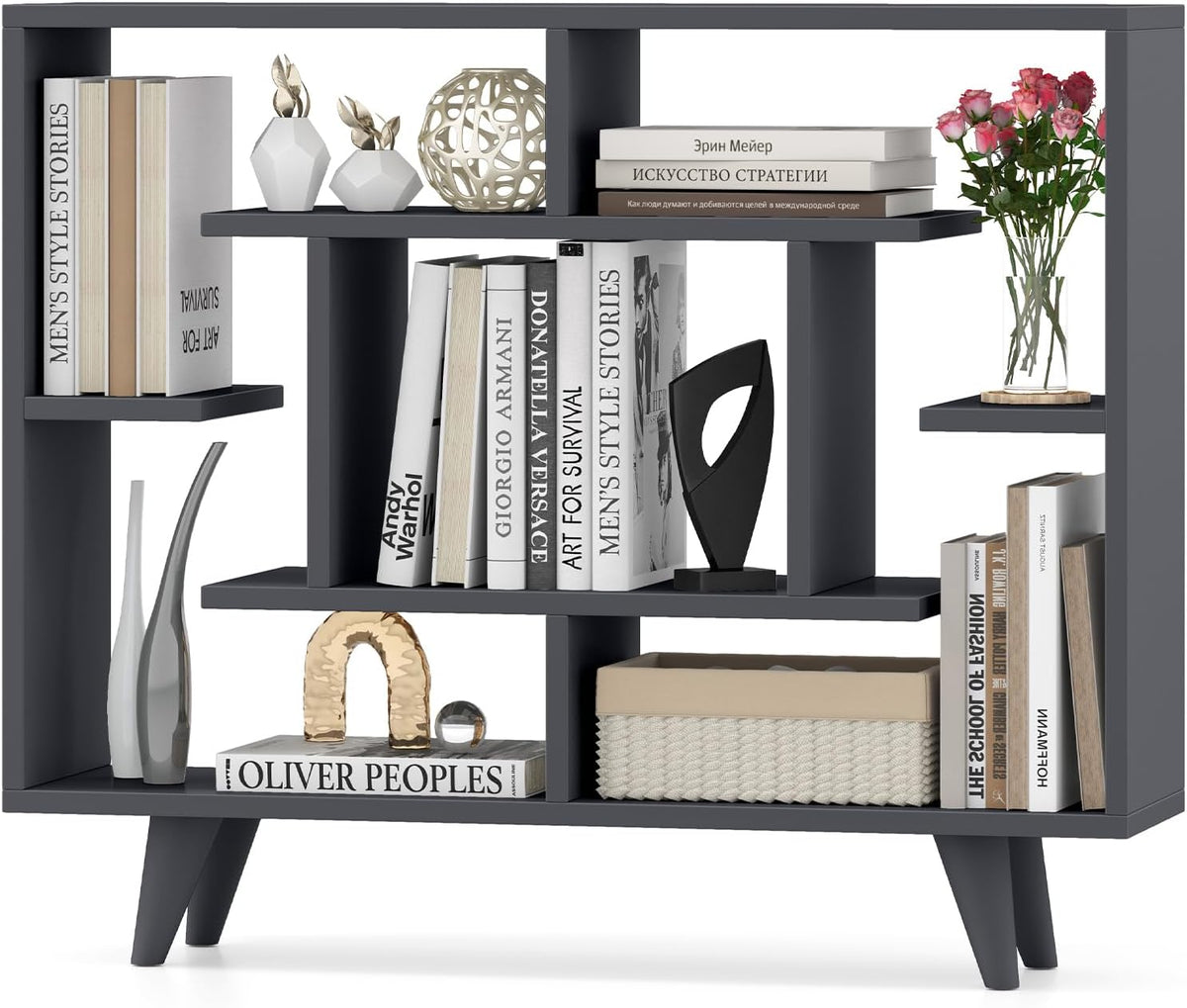 Giantex 3 Tier Geometric Bookshelf, Modern Freestanding Bookcase w/Staggered Shelves, Decorative Open Storage Display Shelves with Legs, Mid Century Storage Organizer for Living Room (Dark Gray)