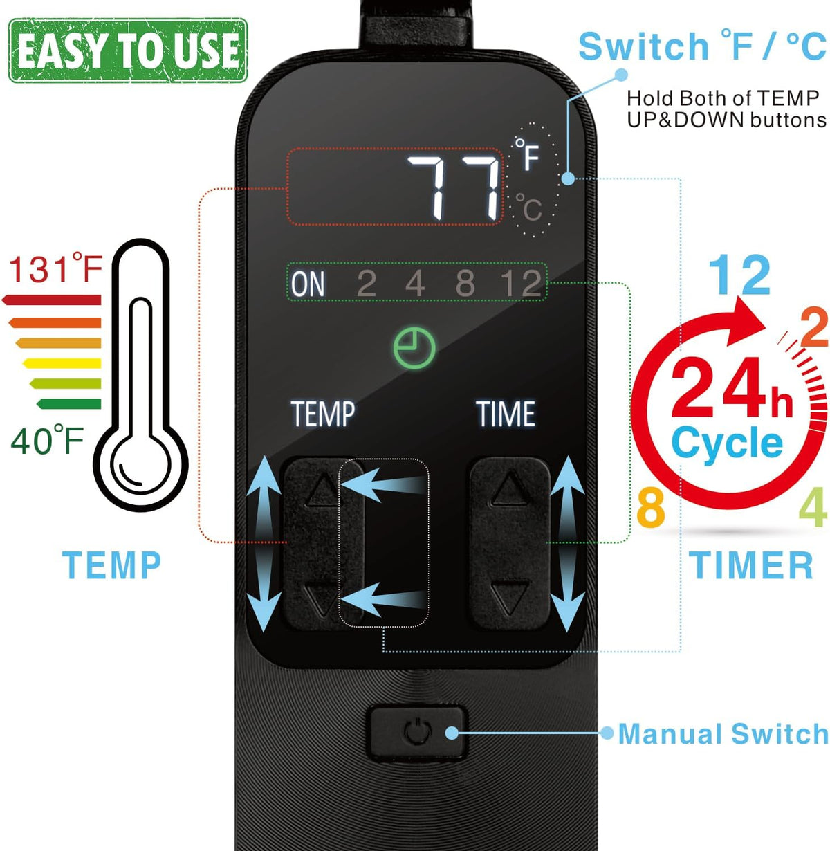 PID Dimming Thermostat Reptile with 24 Hours Cycle Timer for Reptiles Heat Lamp Heating Pad Seedling Heat Mat Temperature Controller