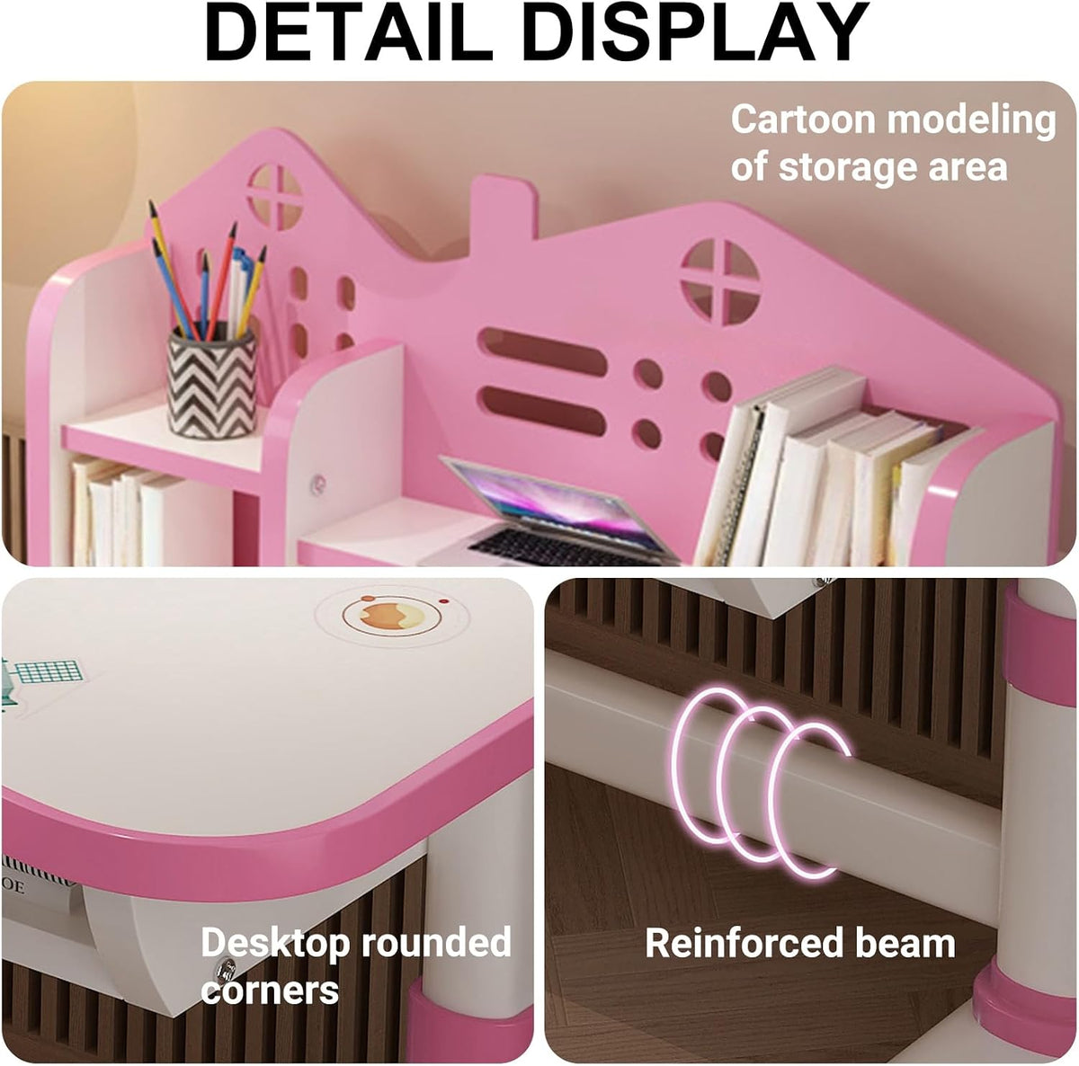 2-Piece Kids Adjustable Study Desk & Seat Set, Cartoon Print Widened Desktop with Storage Drawer Metal Frame for Homeschool Bedroom Playroom Pink