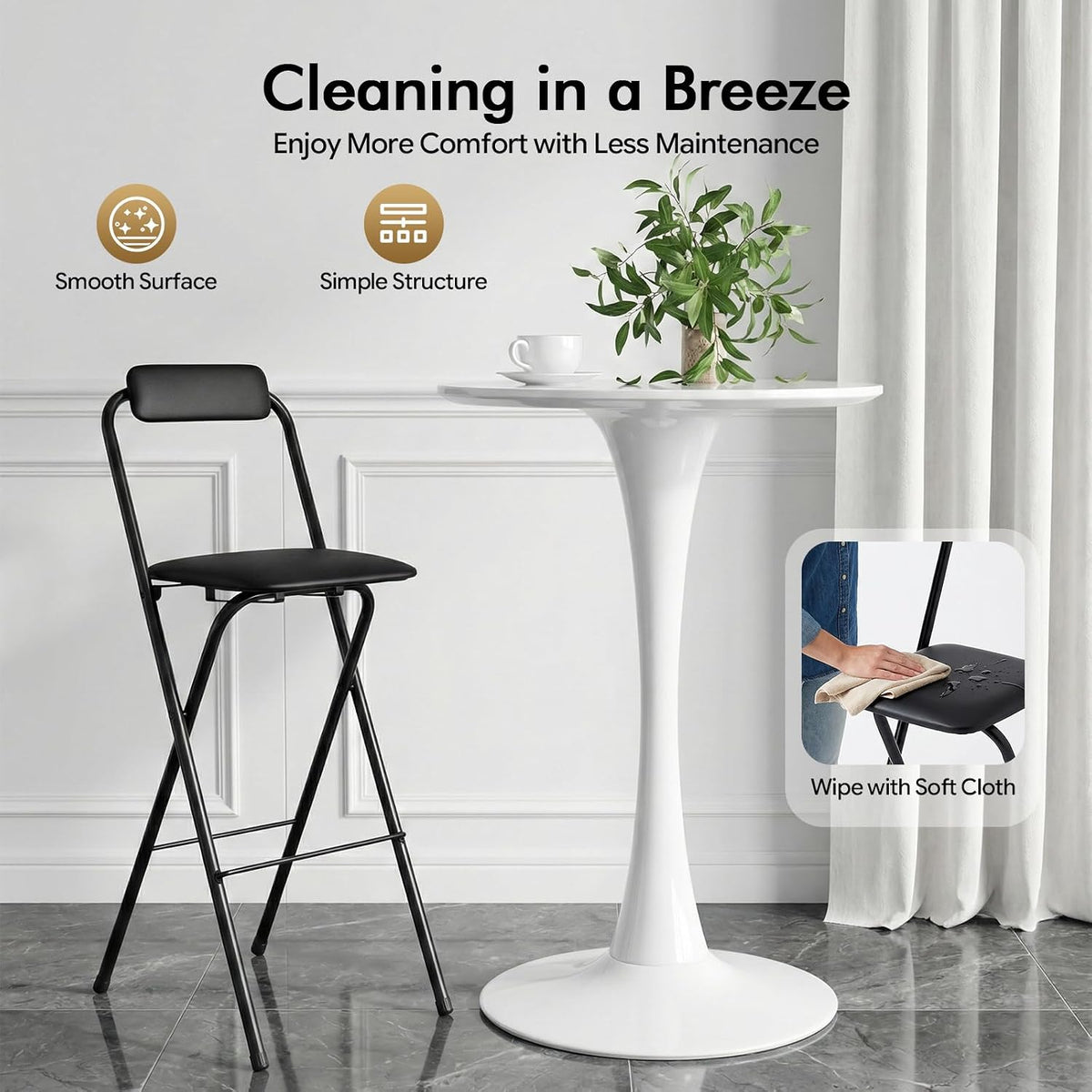 1PCS Folding Bar Stool with Back, 29inch Seat Height Collapsible Bar Stool, Counter Metal Bar Stools 275lbs Capacity, Portable Black Chairs with Footrest, Padded Portable Stools for Home