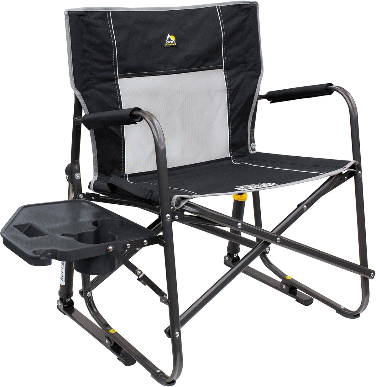 GCI Outdoor Freestyle Rocker XL with Side Table Camping Chair | Portable Folding Rocking Chair with Solid, Durable Armrests, Drink Holder & Comfortable Backrest — Black