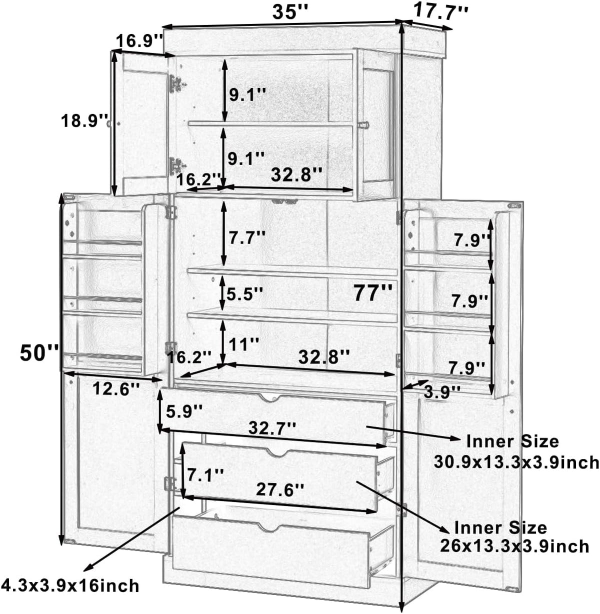 Modern Shaker Style Kitchen Pantry, 77'' Tall Freestanding Cupboard with Adjustable Shelves, Door Shelves, 3 Drawers and Wine Racks, Versatile Pantry Cabinet with Storage for Dining Room, Blue