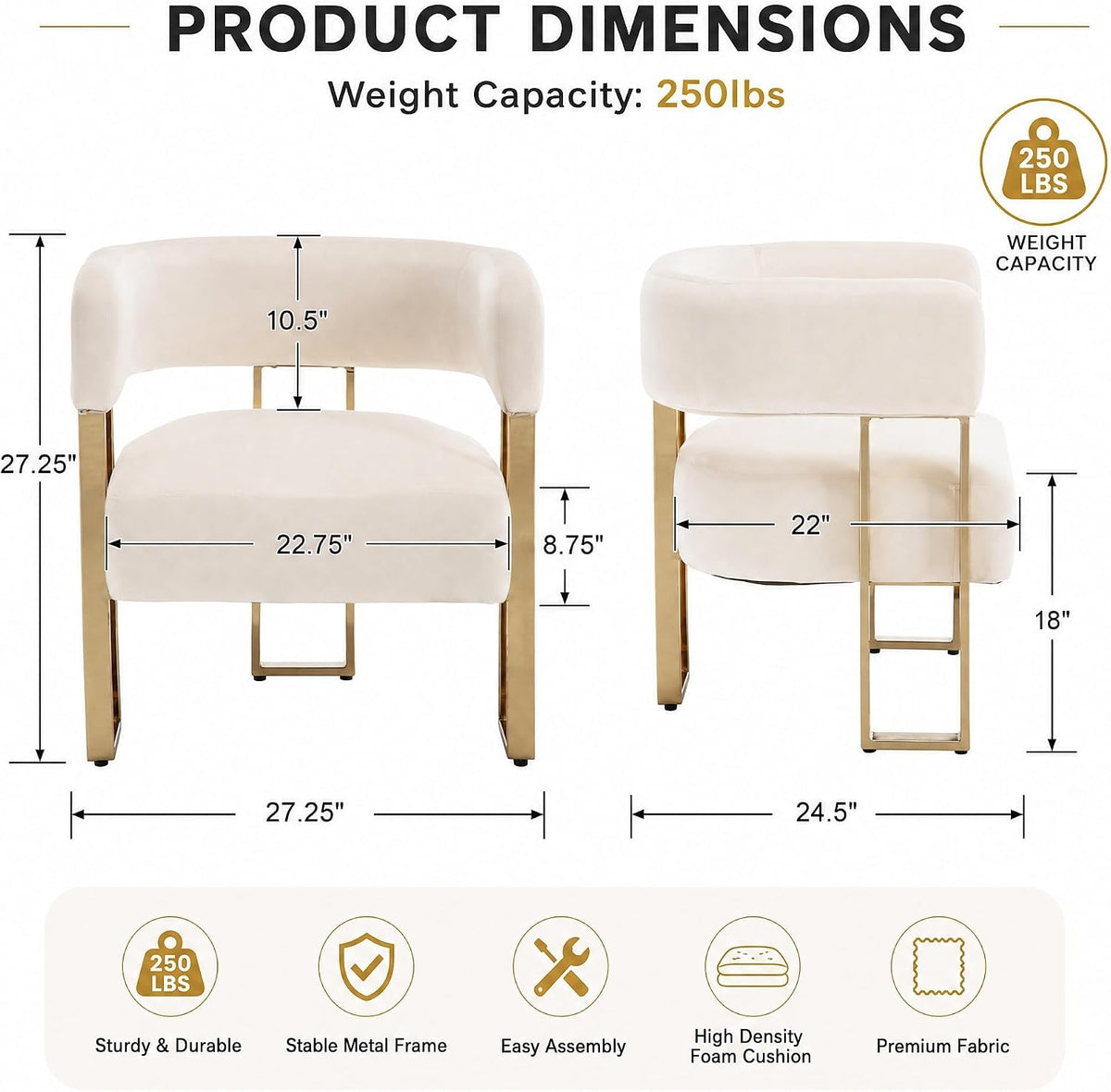 Modern Barrel Accent Chairs Set of 2, Living Room Side Chairs with Golden Metal Legs, Soft Velvet Reading Armchairs for Bedroom, Upholstered Club Chairs for Reception Room/Office, Ivory